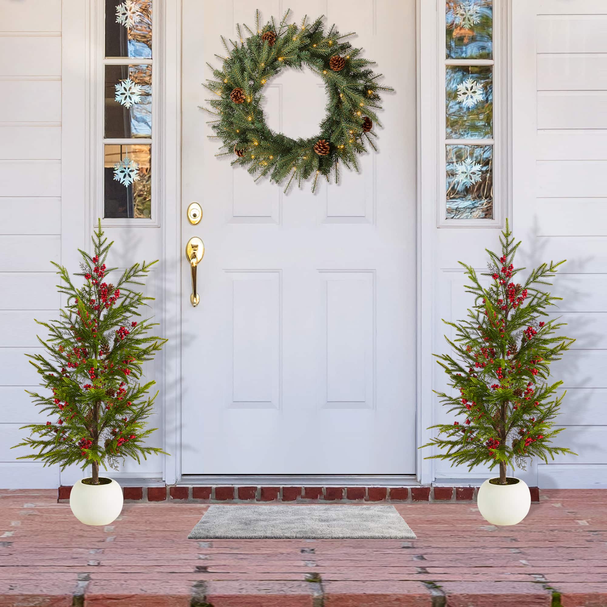 Glitzhome® 37.5"H Chirstmas Greenery Pine Porch Tree with Berries