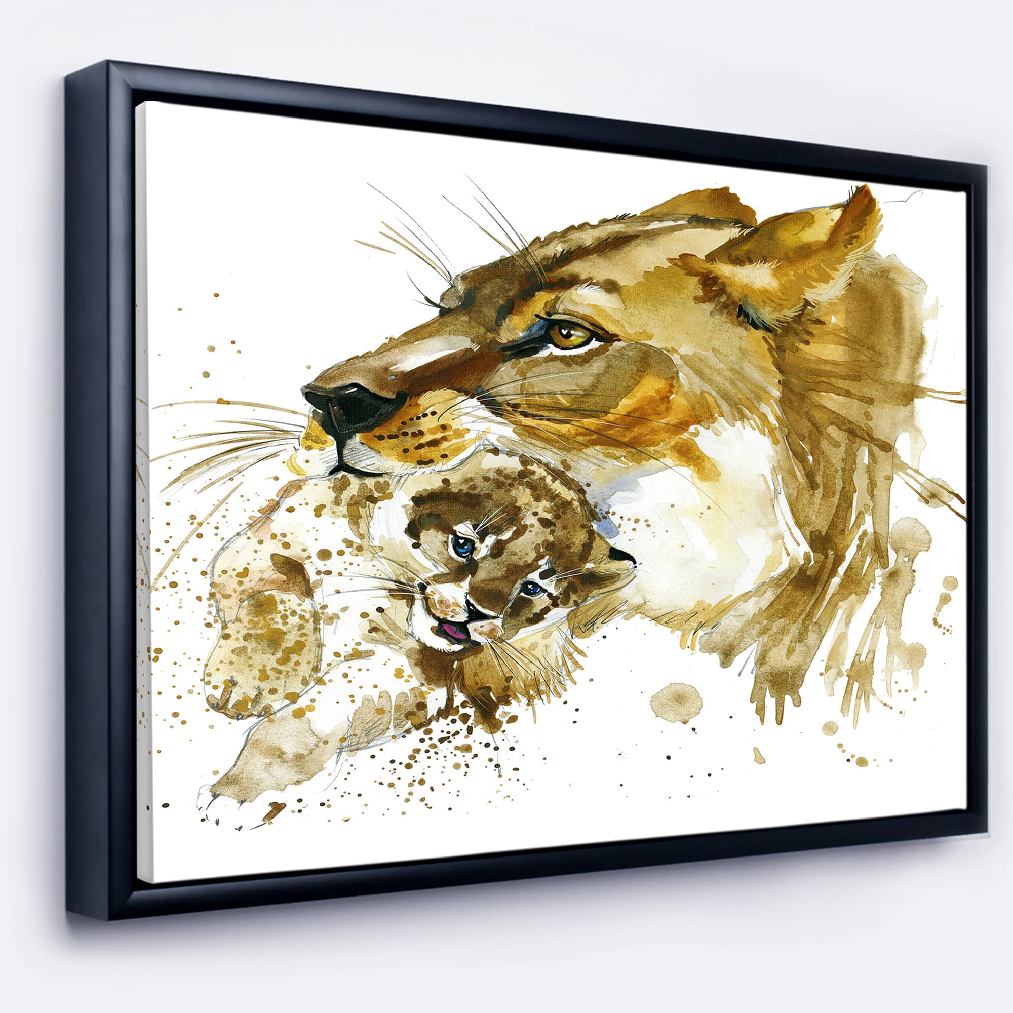 Designart - Lioness and Cub Illustration - Animal Painting Canvas Art in Black Frame