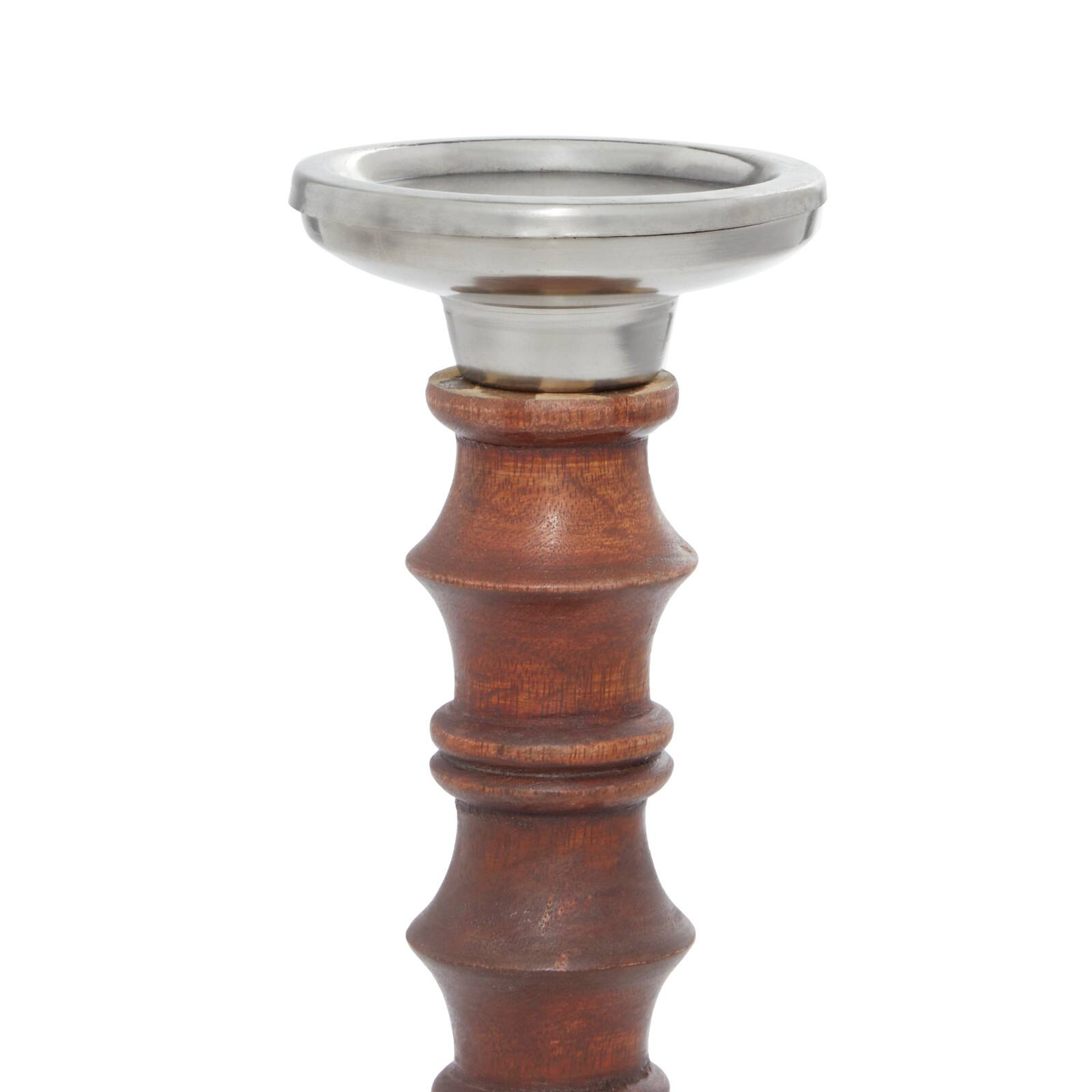 Brown Wood &#x26; Aluminum Pillar Candle Holder Set
