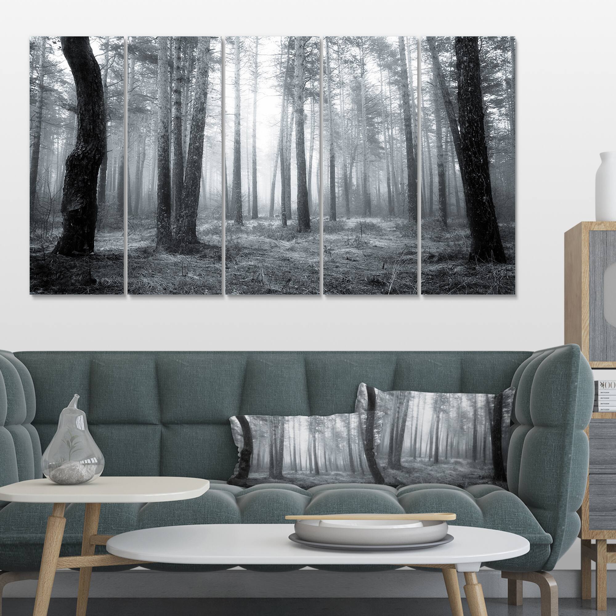 Designart - Black and White Foggy Forest - Forest Canvas Art Print