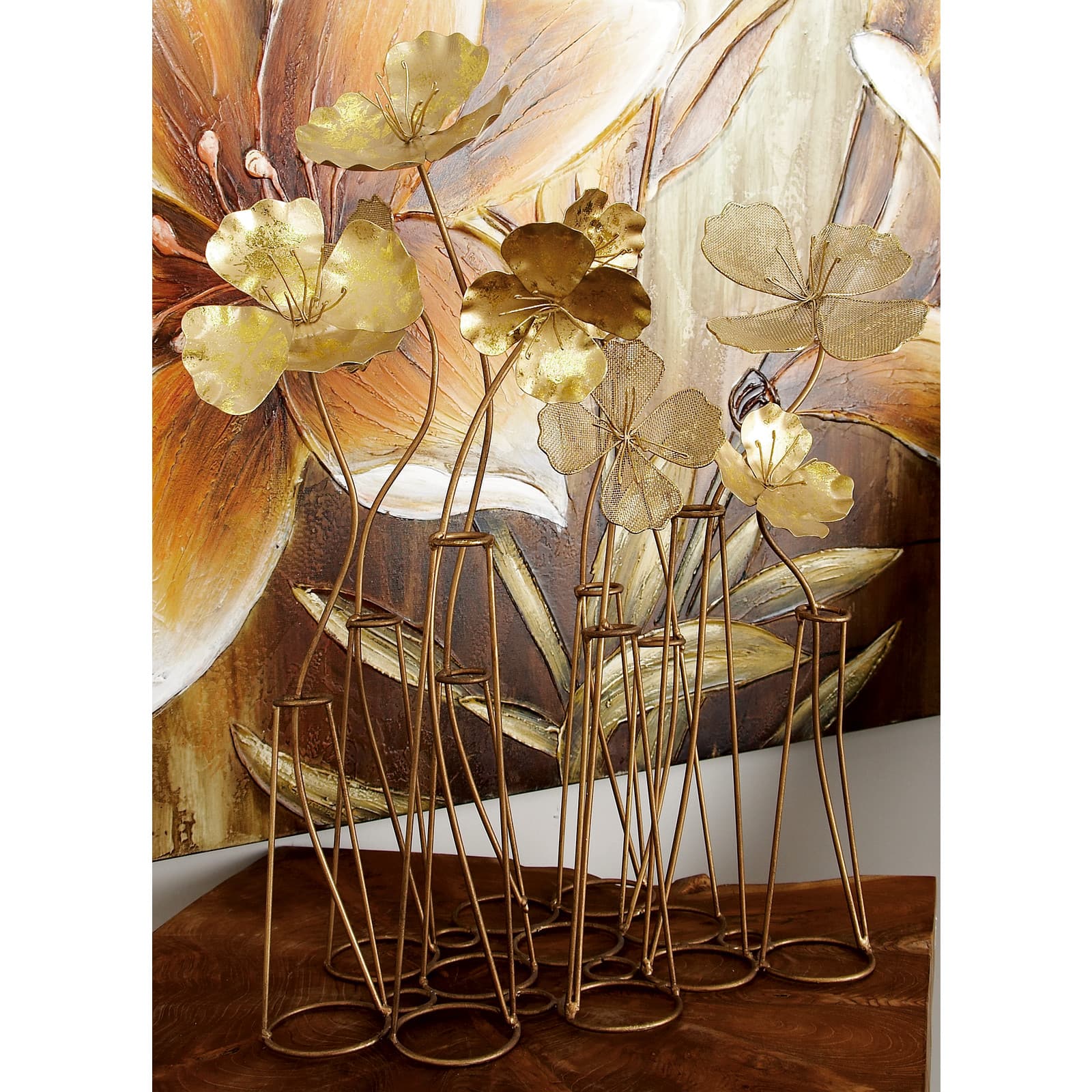 21&#x22; Gold Metal Flowers Sculpture