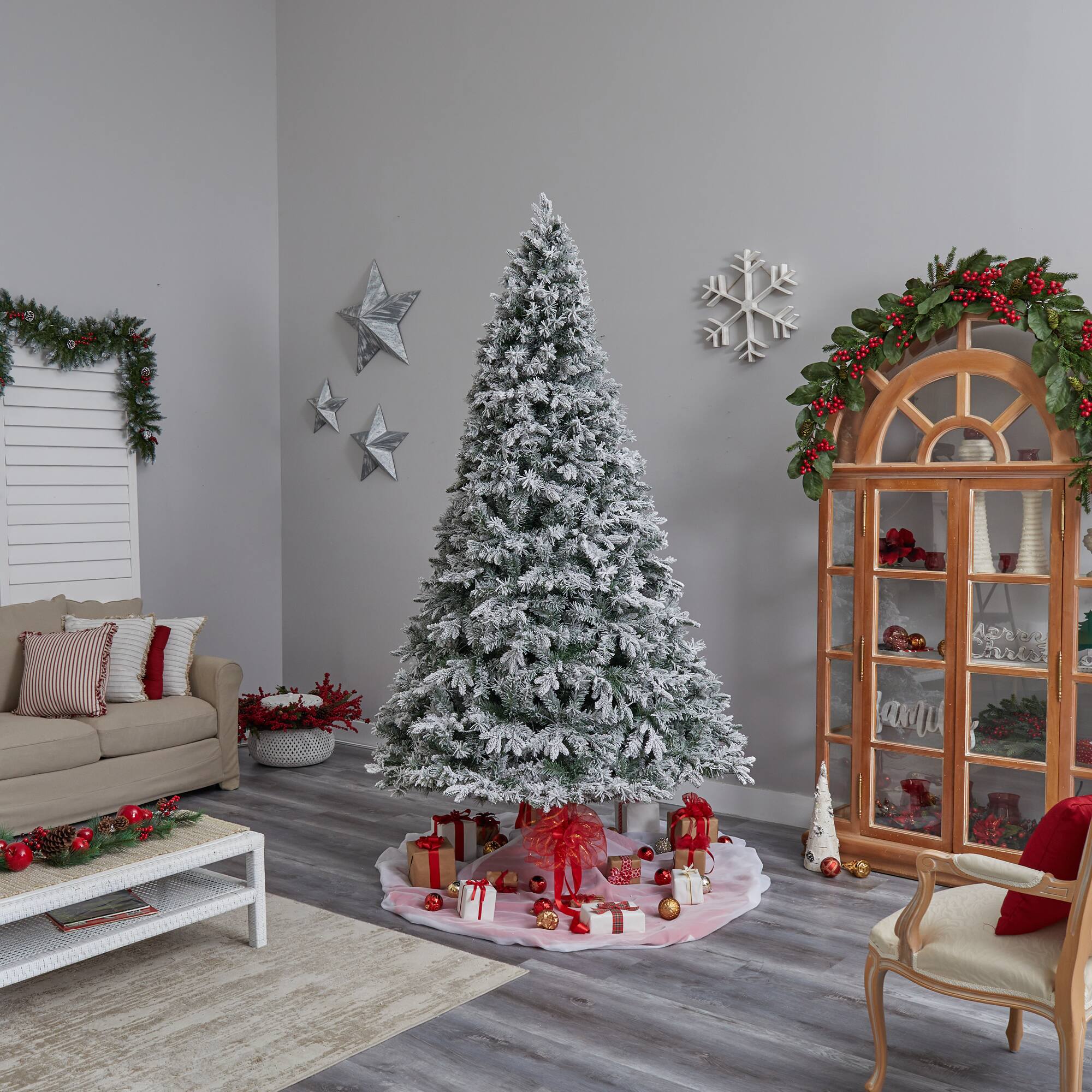 9ft. Pre-Lit Flocked Vermont Mixed Pine Artificial Christmas Tree, Clear LED Lights
