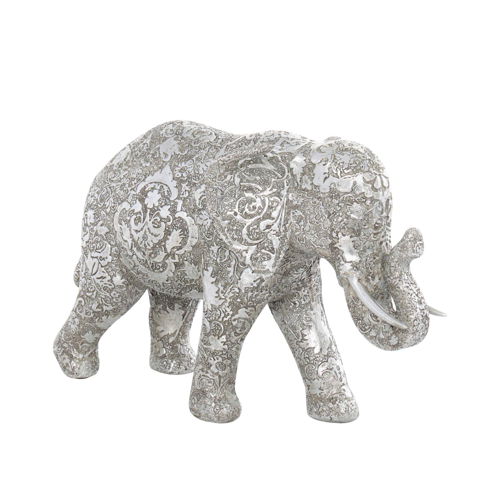 14" Silver Polystone Elephant Floral Engraved Sculpture