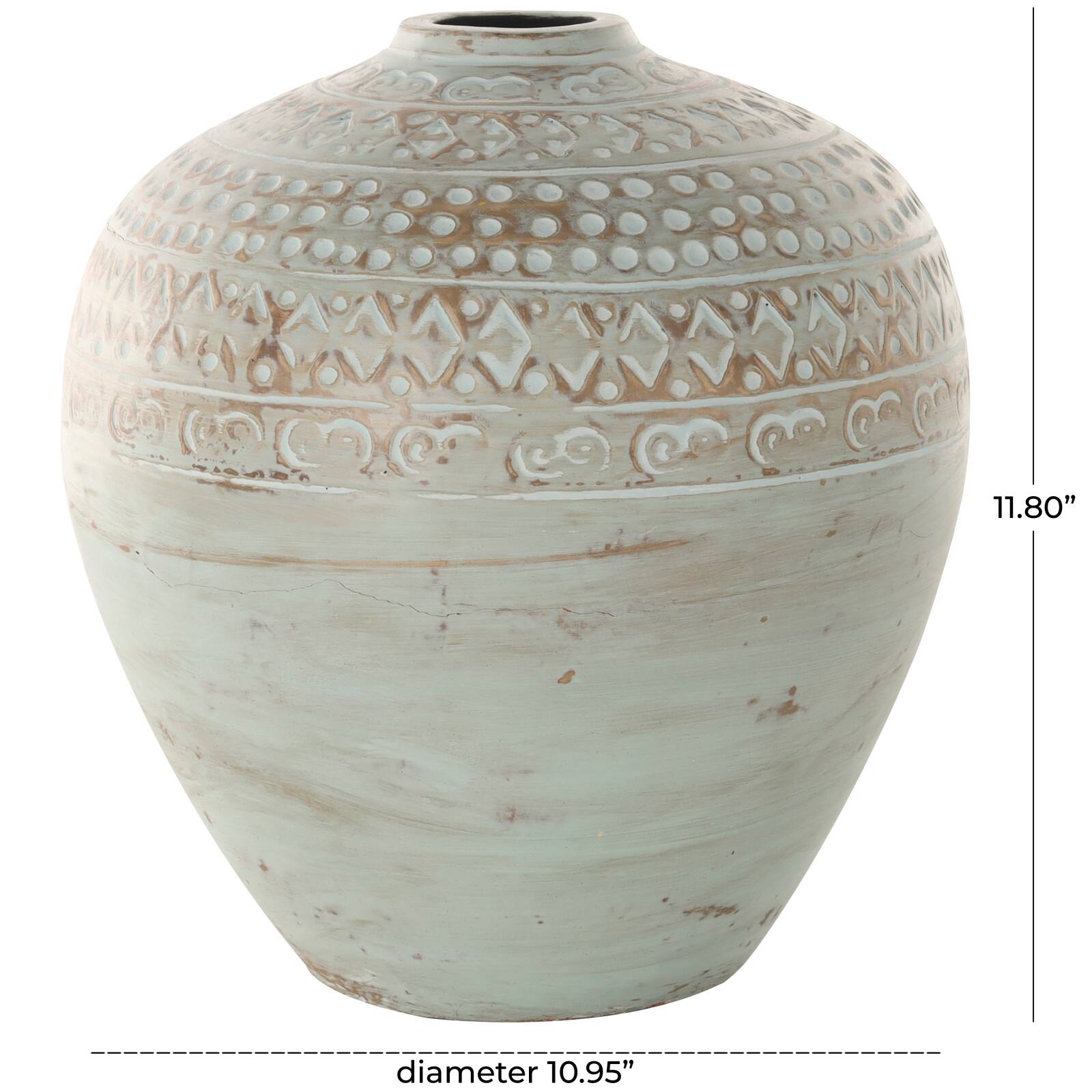 11.75" Green Antique-Style Wide Rounded Ceramic Vase with Geometric Carvings