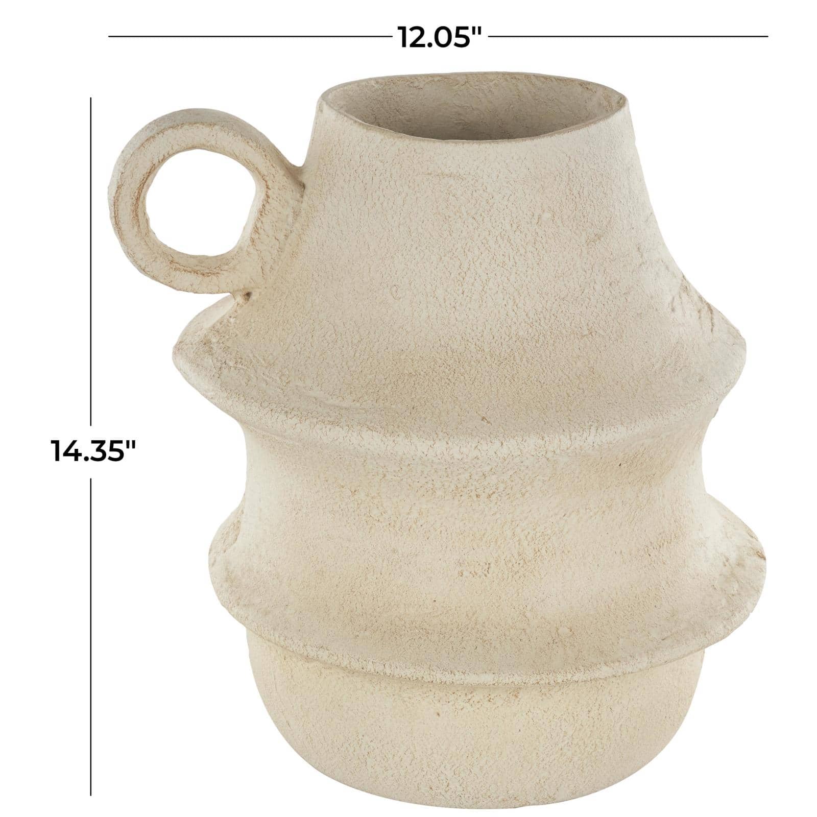 14" Cream Paper Mache Fluted Vase with Ring Handle