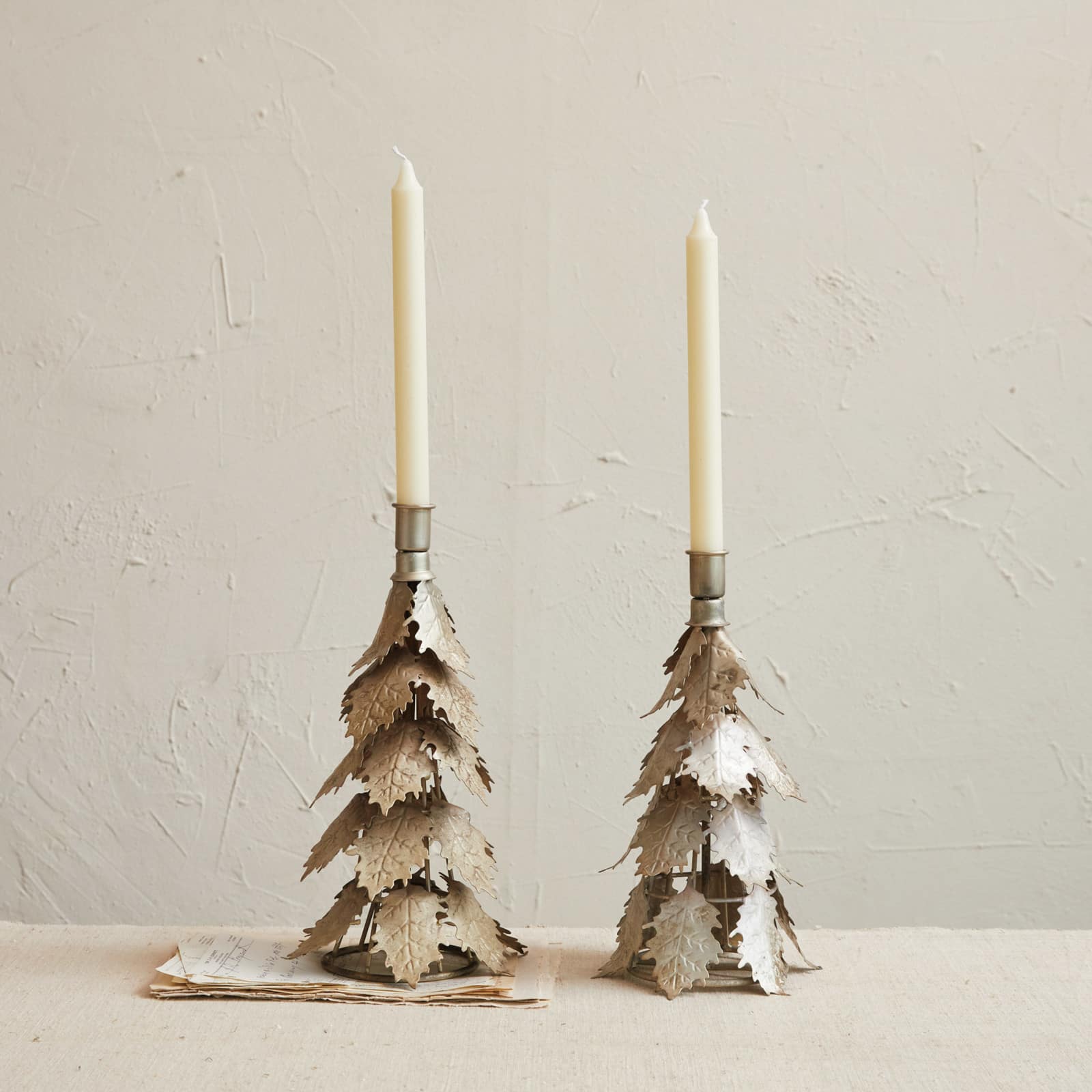 Hello Honey® 11" Distressed Silver Finish Metal Tree-Shaped Taper Candleholder