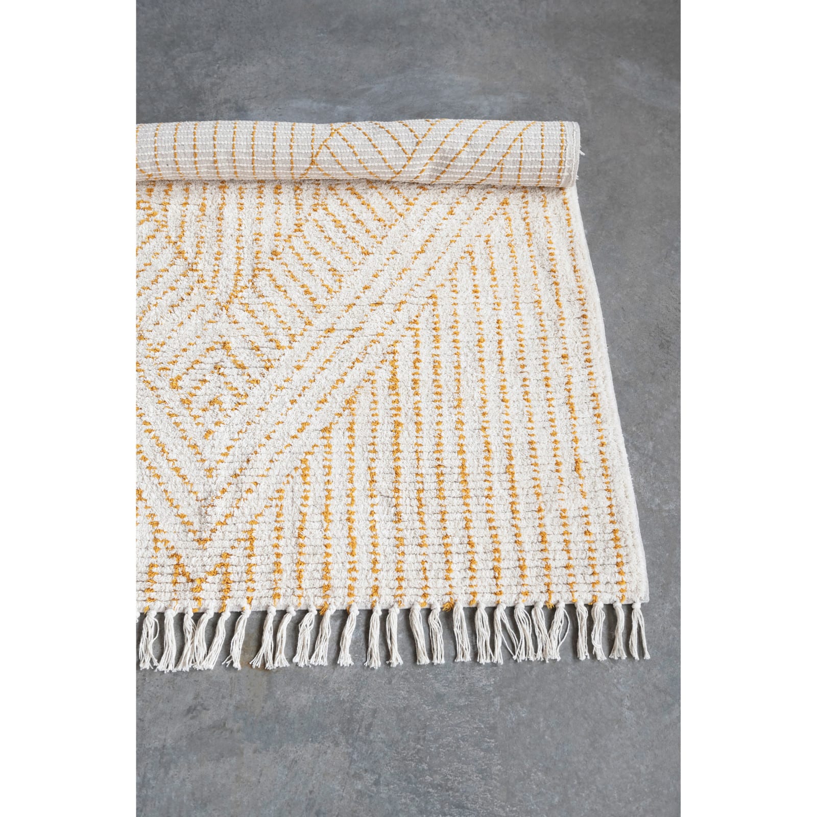 Stonewashed Cotton Tufted Rug With Diamond Design, Stripes &#x26; Fringe