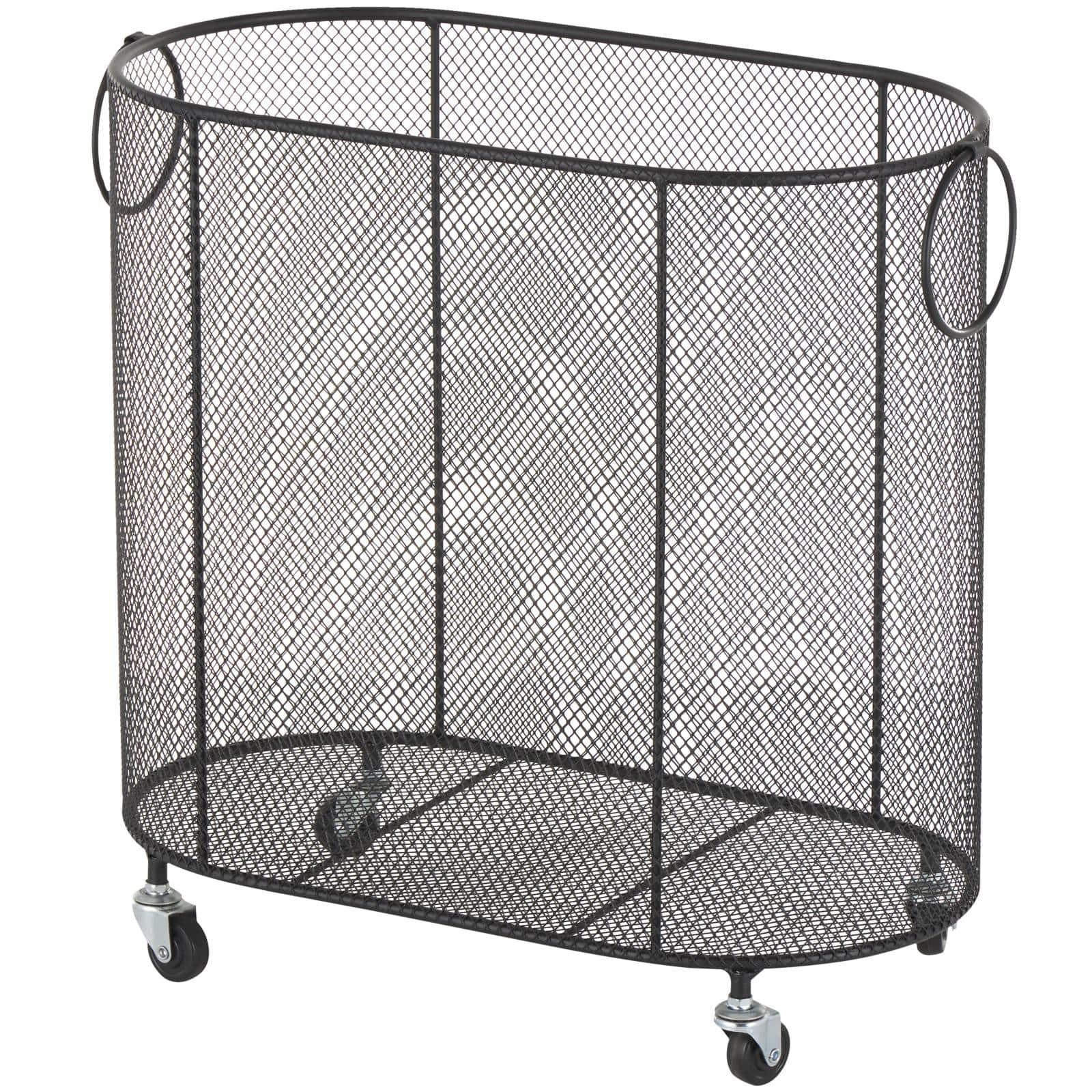 21" Metal Oval Mesh Wire Rolling Laundry Storage Cart with Ring Handles