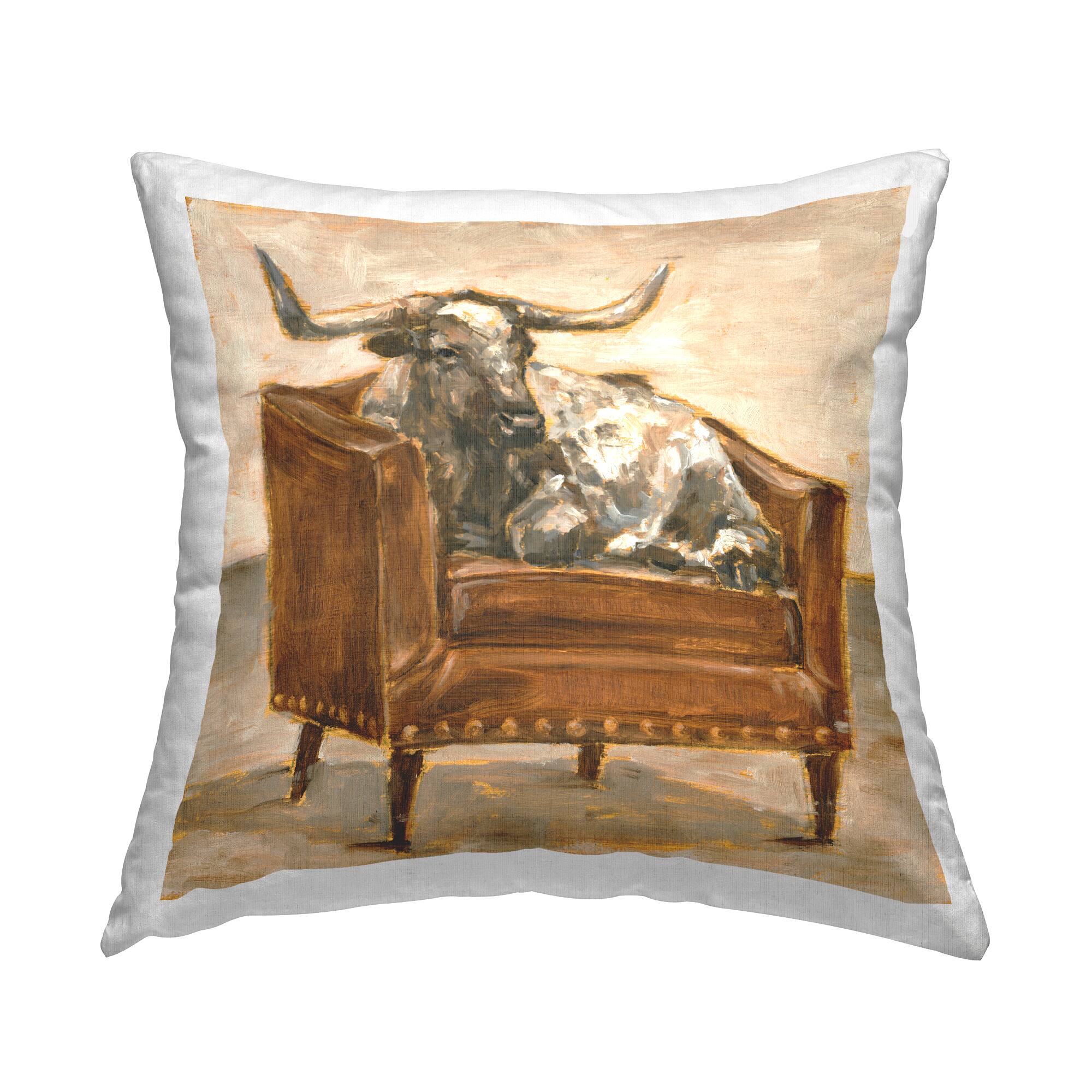 Stupell Industries Brown Bull Resting in Orange Brown Chair Throw Pillow 18" x 18"