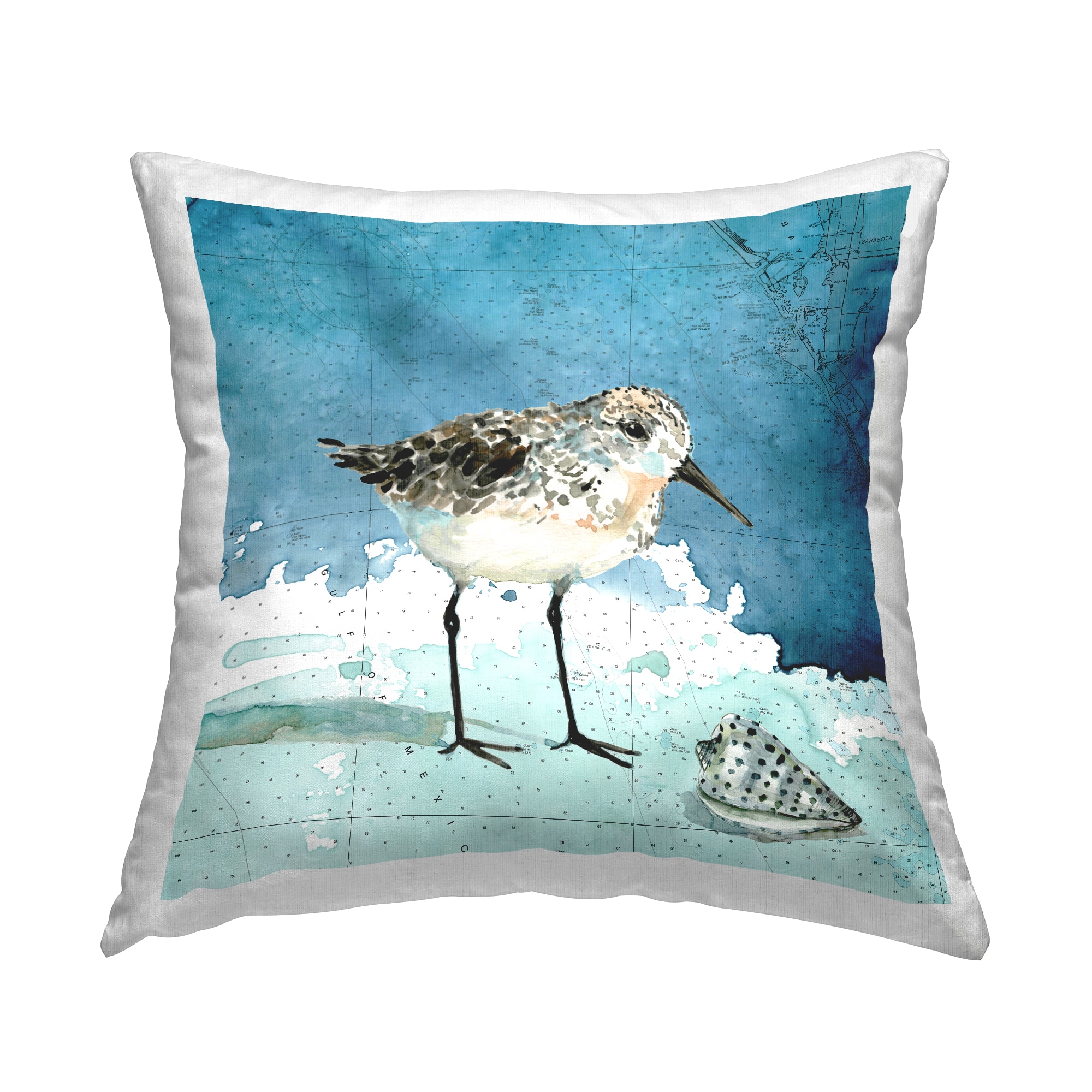 Stupell Industries Sandpiper Bird and Shell Nautical Ocean Map Throw Pillow 18" x 18"