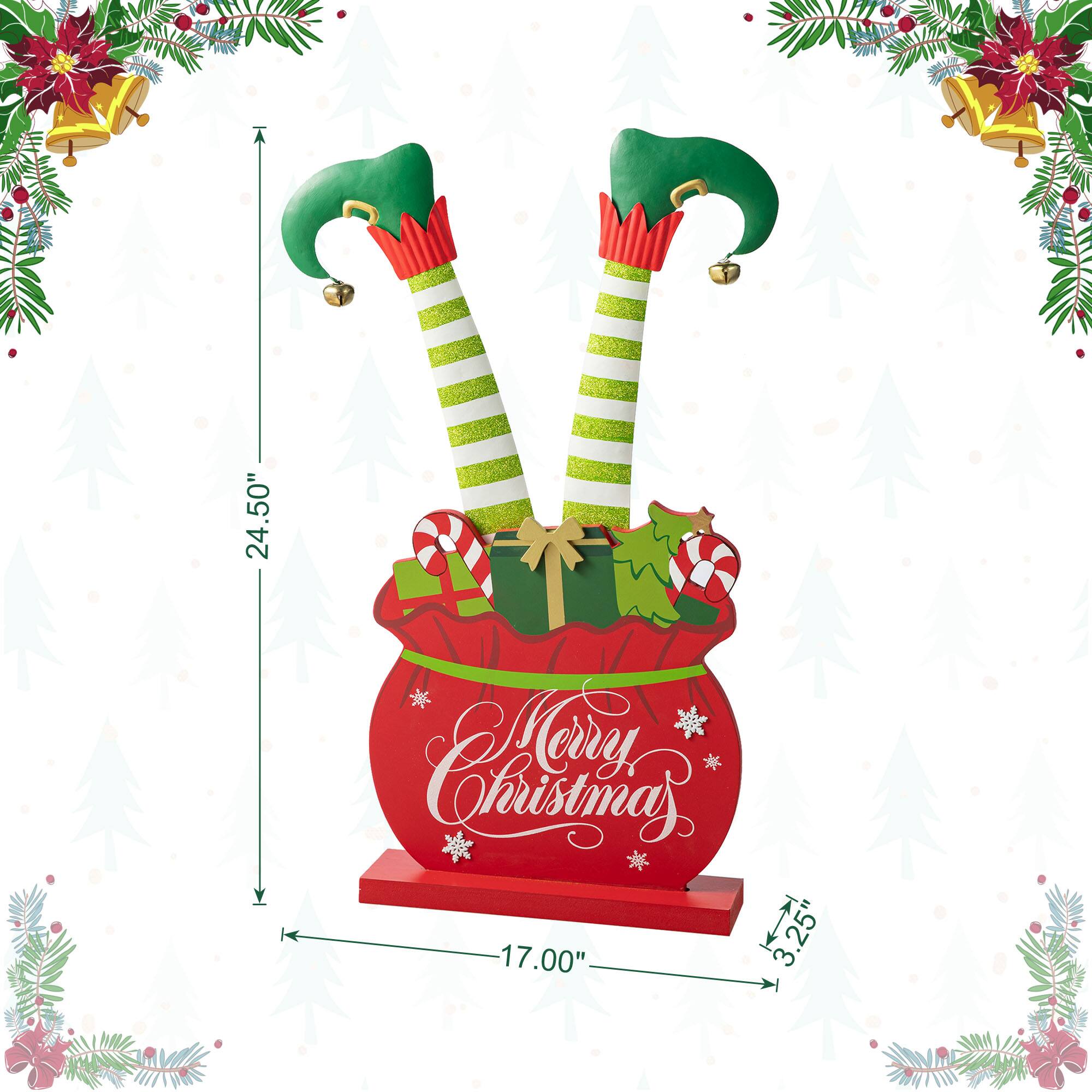 Glitzhome® 2ft. Wood & Metal Elf Legs in Gift Box Porch Décor