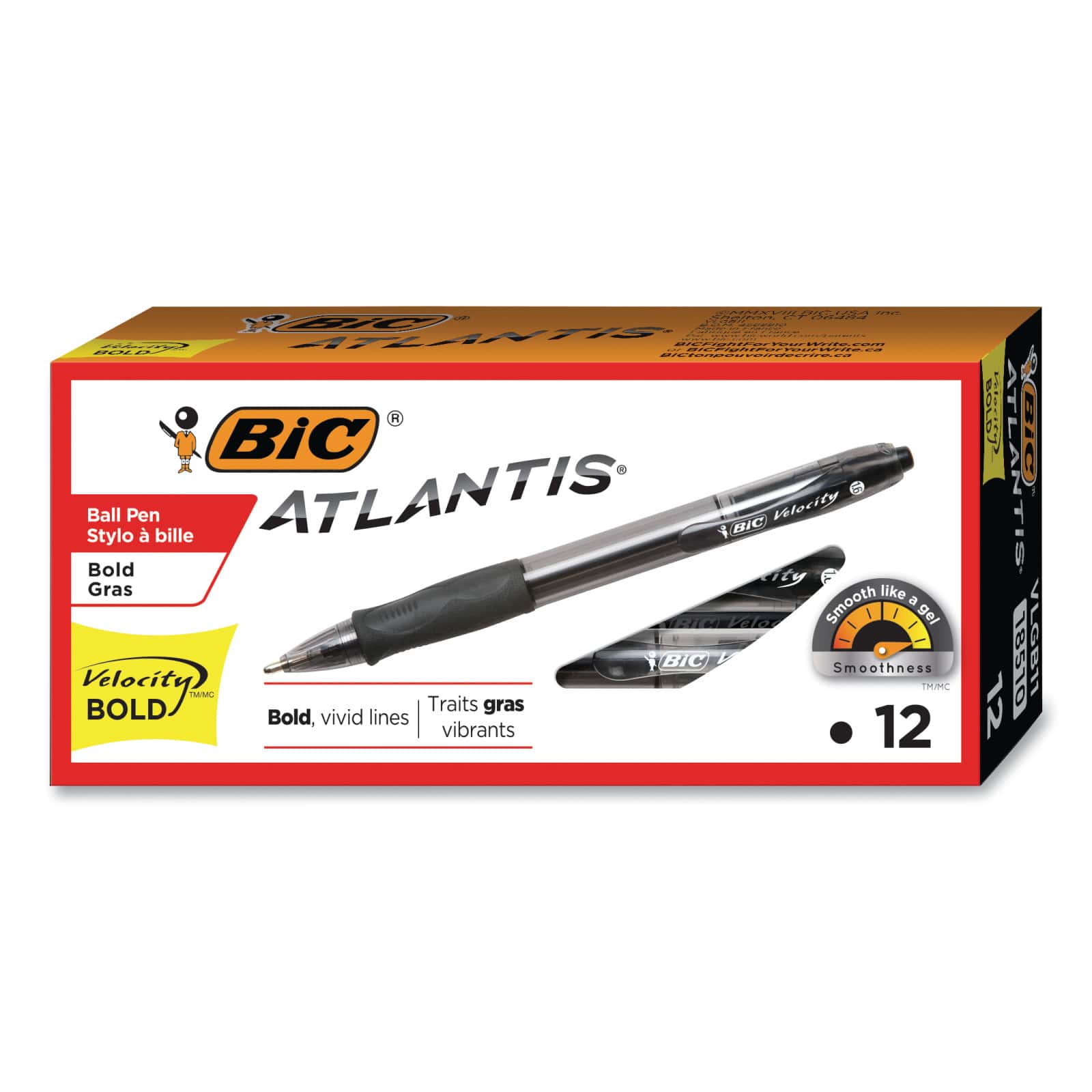 1.6mm Black New BIC Atlantis Velocity Bold Retractable Ball Pen For a Super-Smooth Writing Experience Bold Point 12-Count 