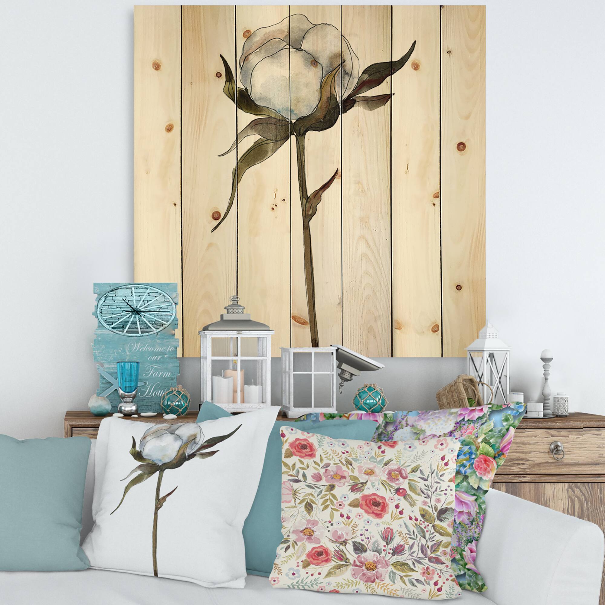 Designart - Retro Cotton Flower - Traditional Print on Natural Pine Wood