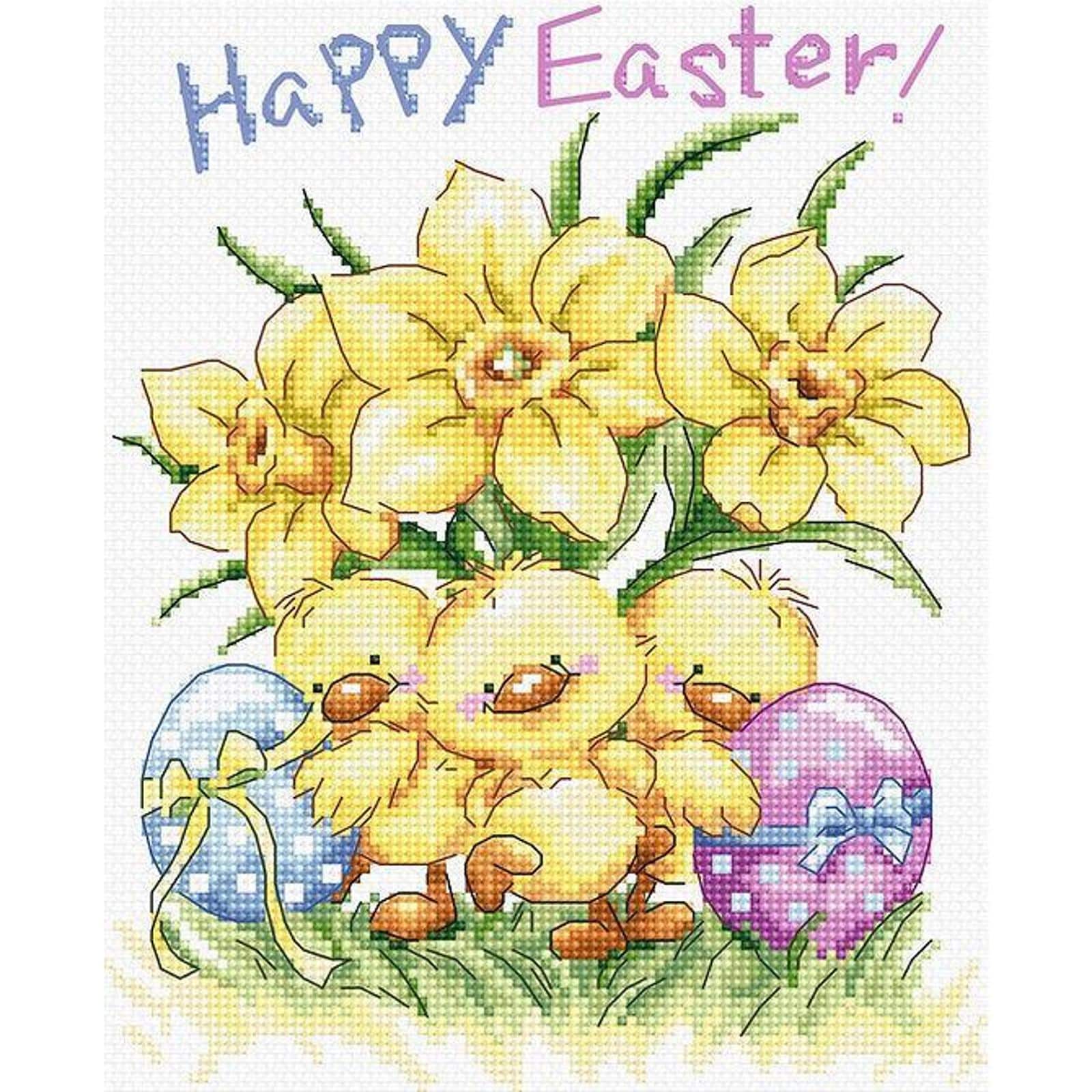 LetiStitch Three Chicks with Daffodils & Egg Counted Cross Stitch Kit