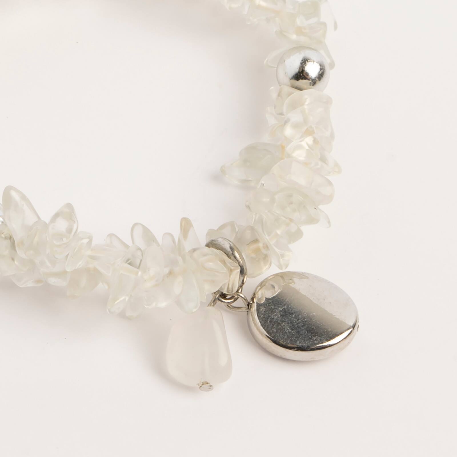 John Bead Crystal Quartz Clear Natural Stone 2-Strand Bracelet with Circle Charm