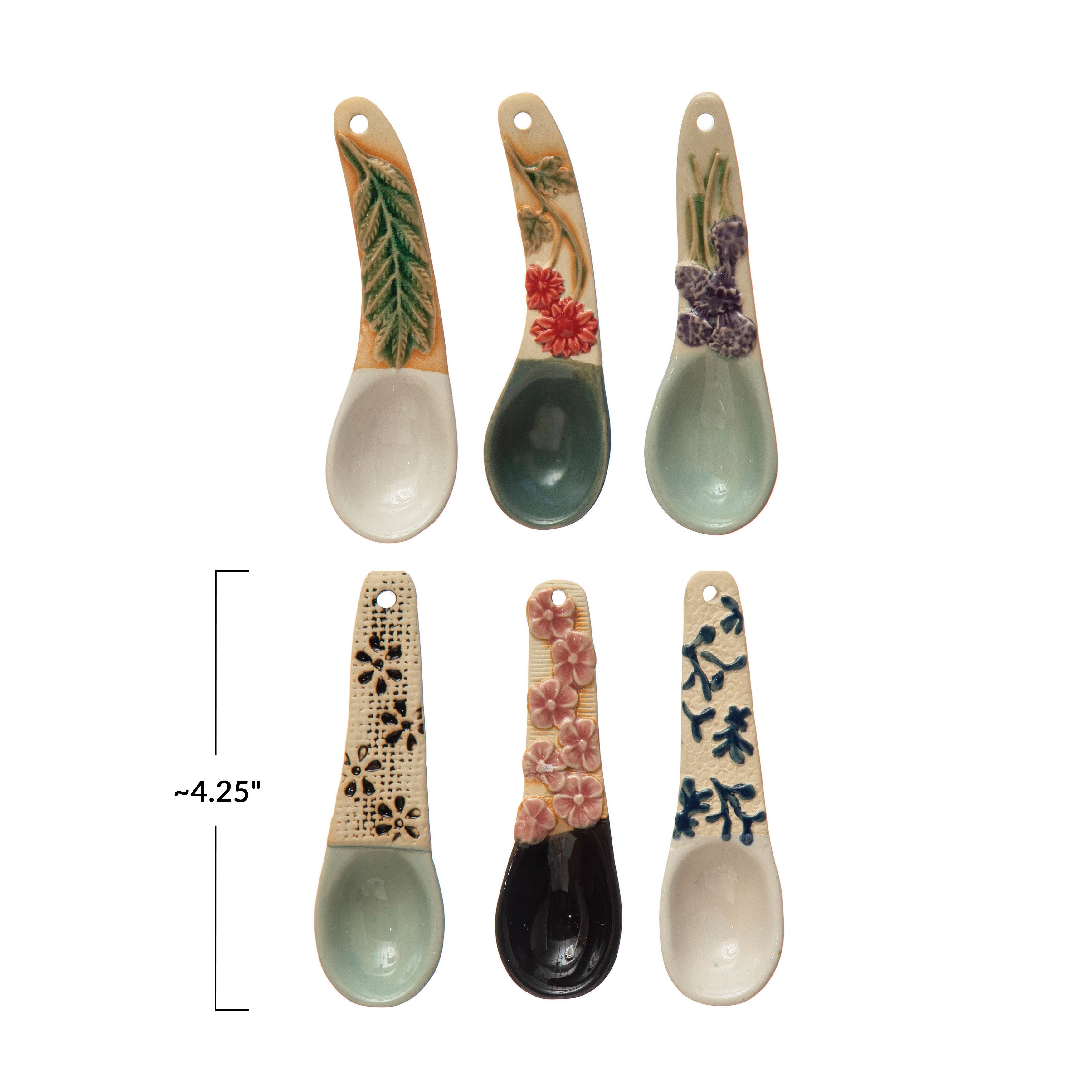 4&#x22; Hand-Painted Stoneware Spoons with Floral Design Handles Set