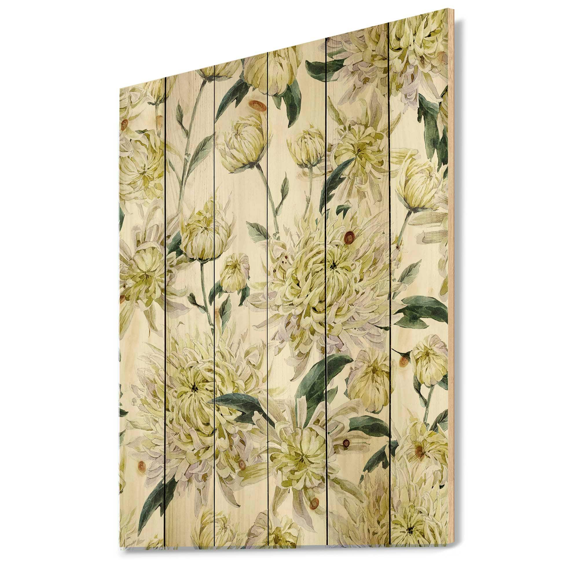 Designart - Vintage Yellow Chrysanthemus I - Traditional Print on Natural Pine Wood