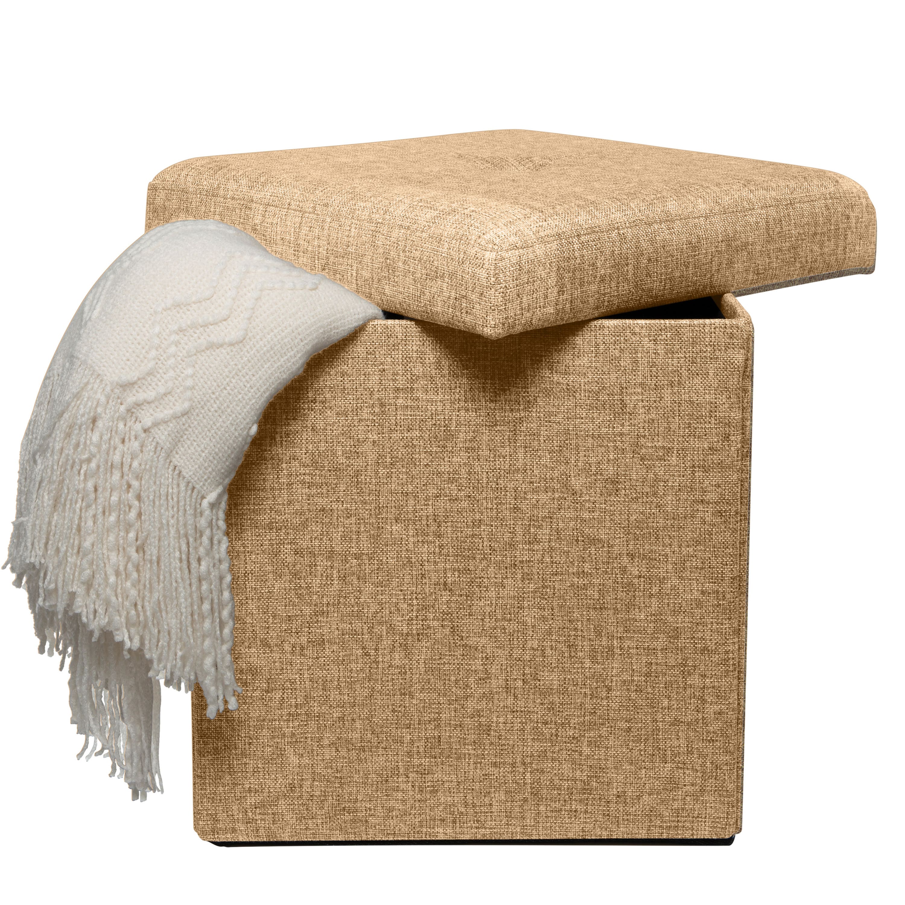 Simplify 15&#x22; Faux Linen Folding Storage Ottoman Cube