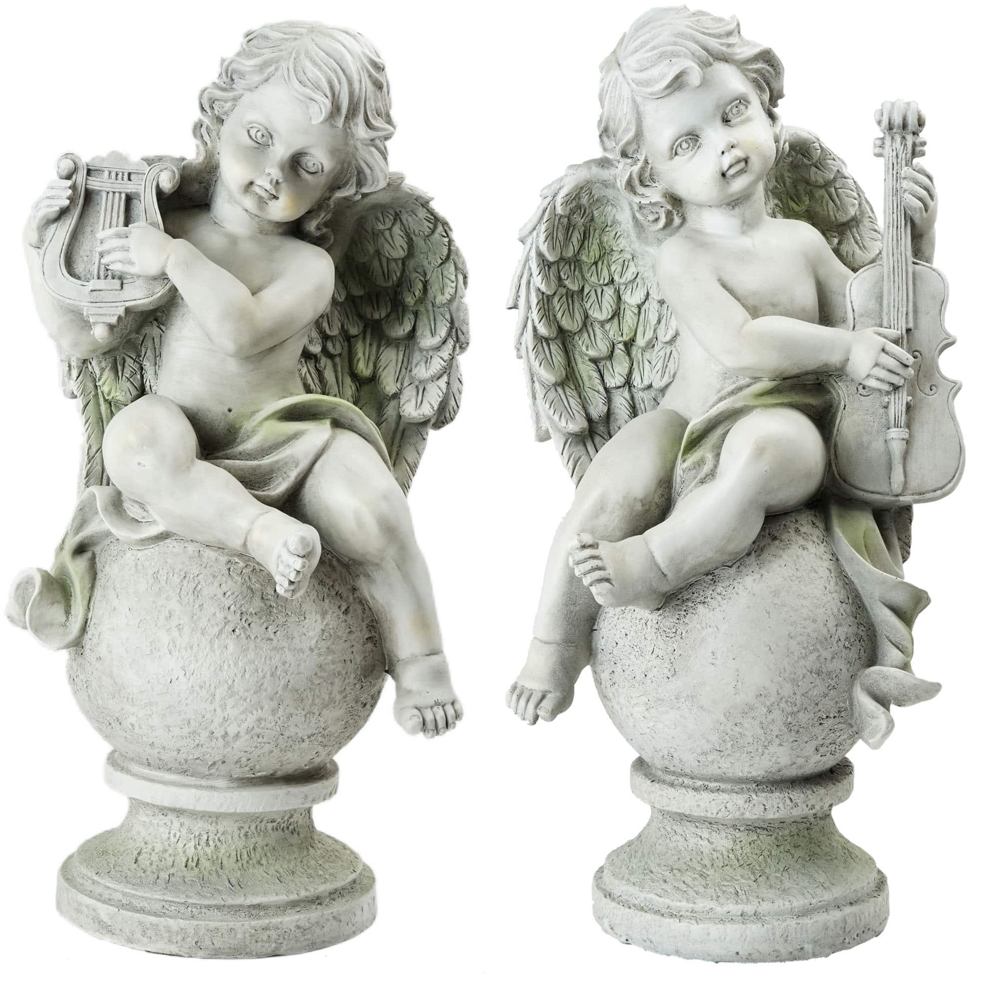 14.75" Ivory Cherub Angels With Violin & Harp Sitting On Finials Outdoor Garden Statues Set