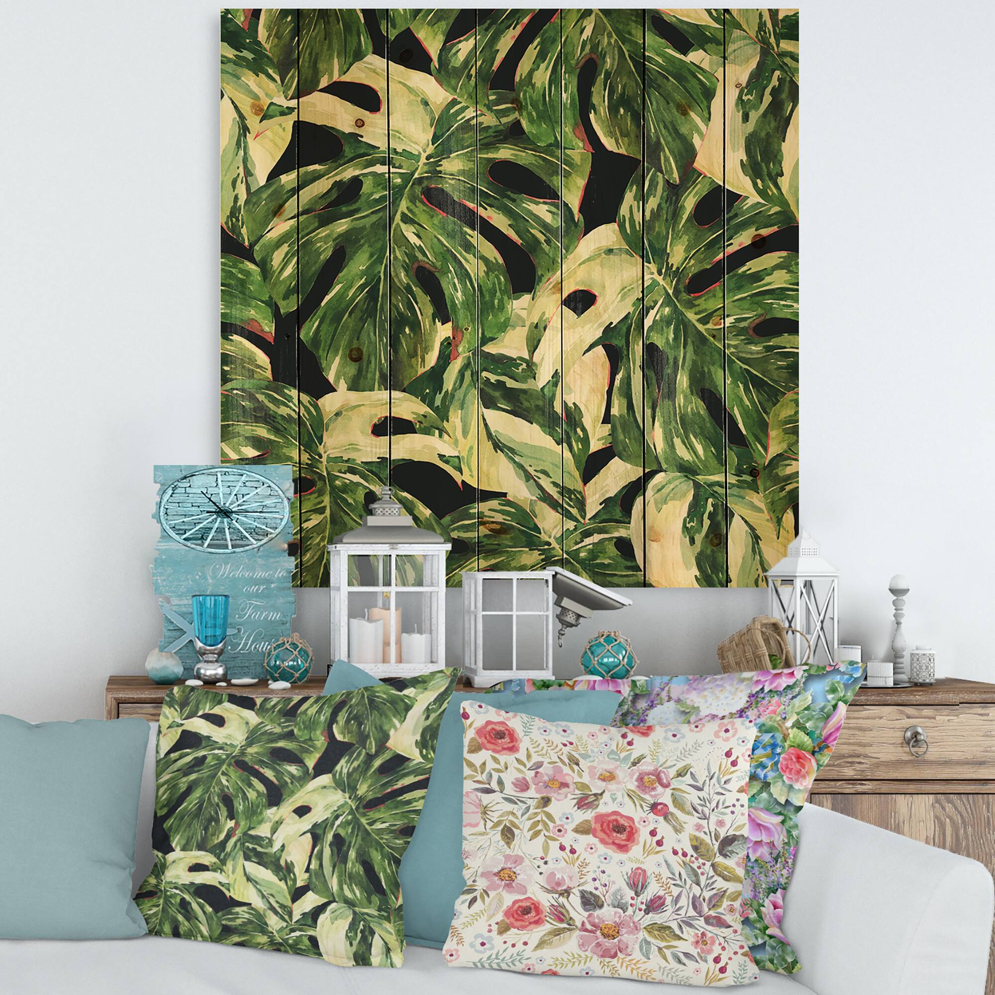 Designart - Natural Leaves Exotic On Dark II - Tropical Print on Natural Pine Wood