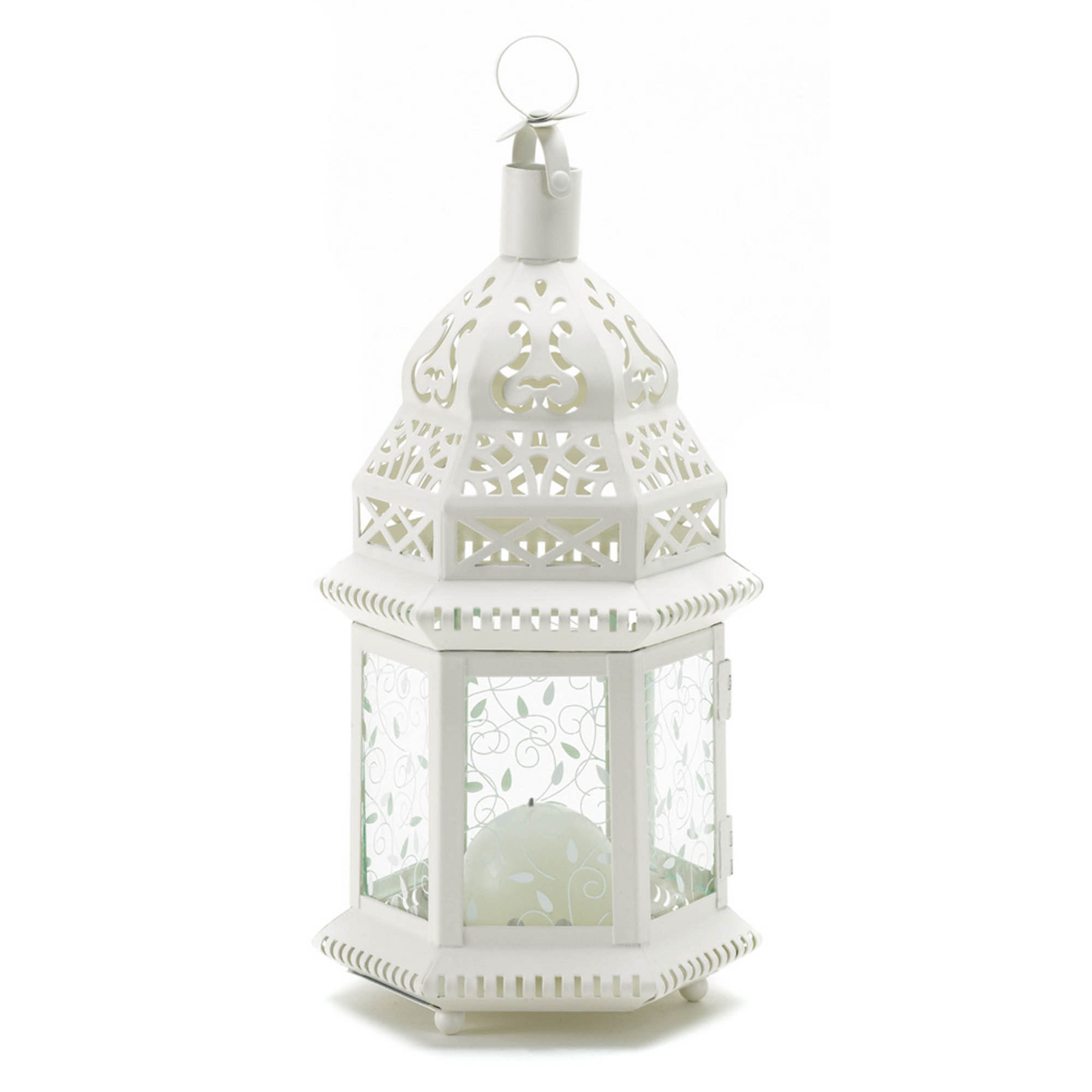 12" White Moroccan Style Hanging Candle Lantern with Etched Floral Glass