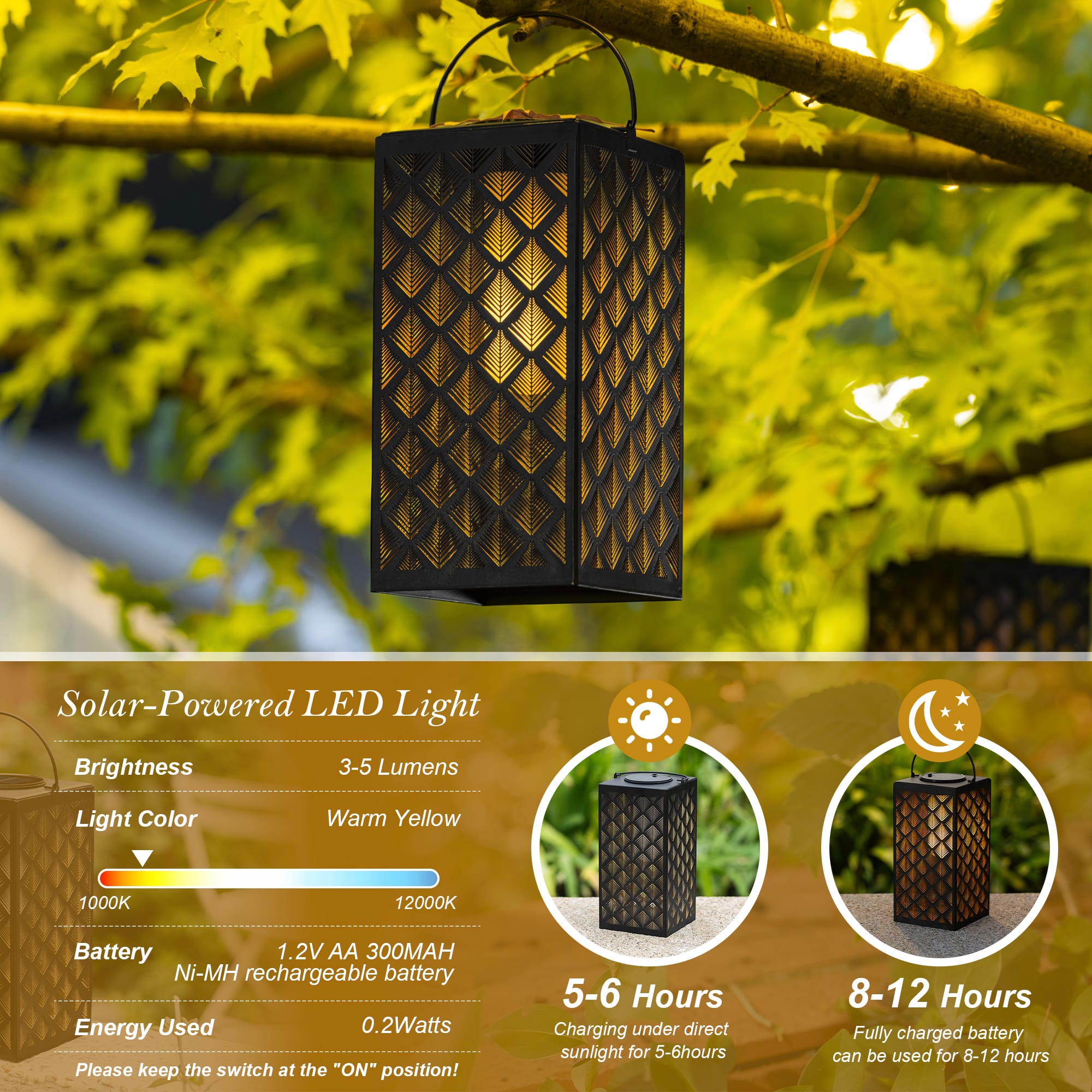 Glitzhome® 11" LED Black Square Textured Glass Solar Powered Hanging Lantern