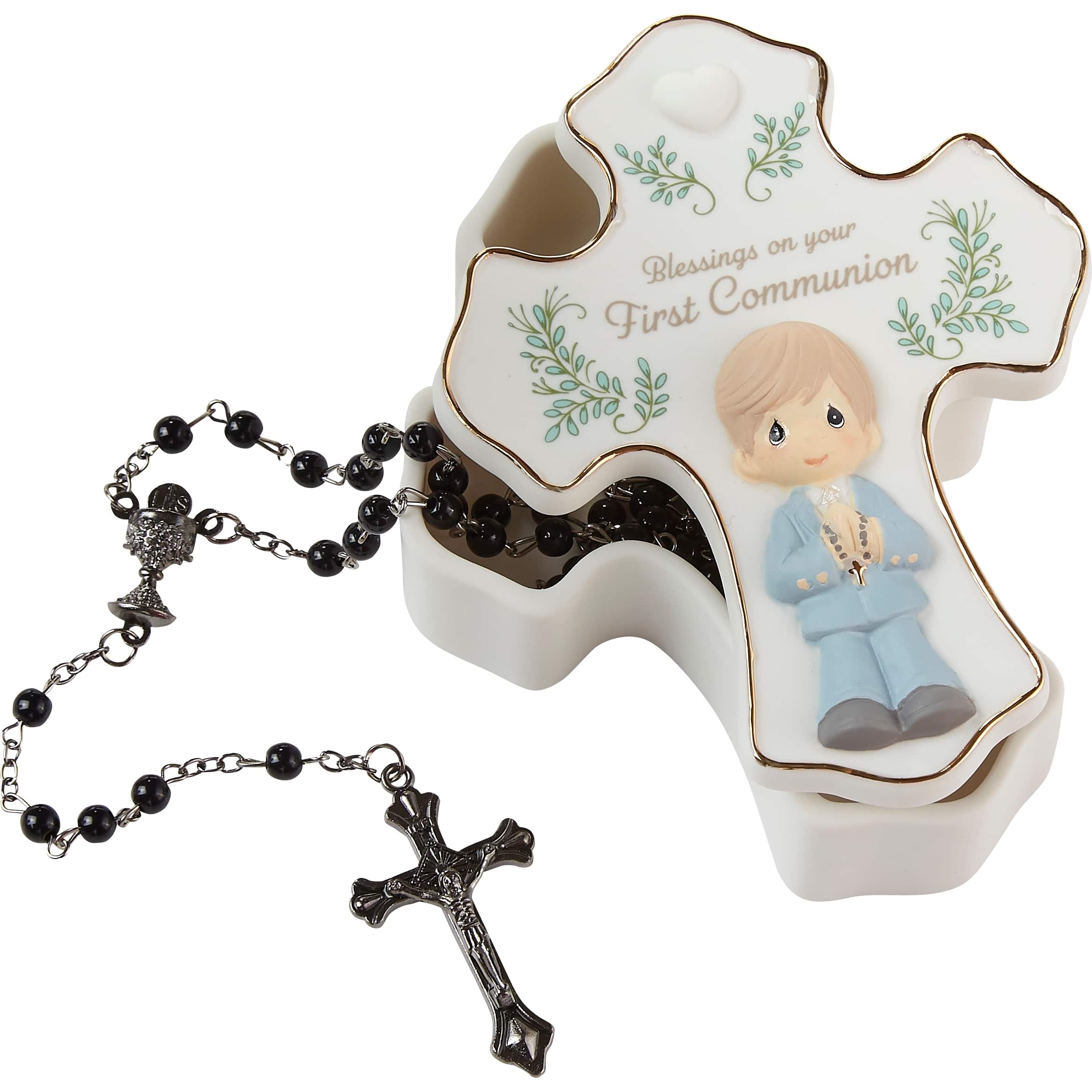 Precious Moments Blessings On Your First Communion Boy Bisque Porcelain &#x26; Plastic Rosary Box With Rosary