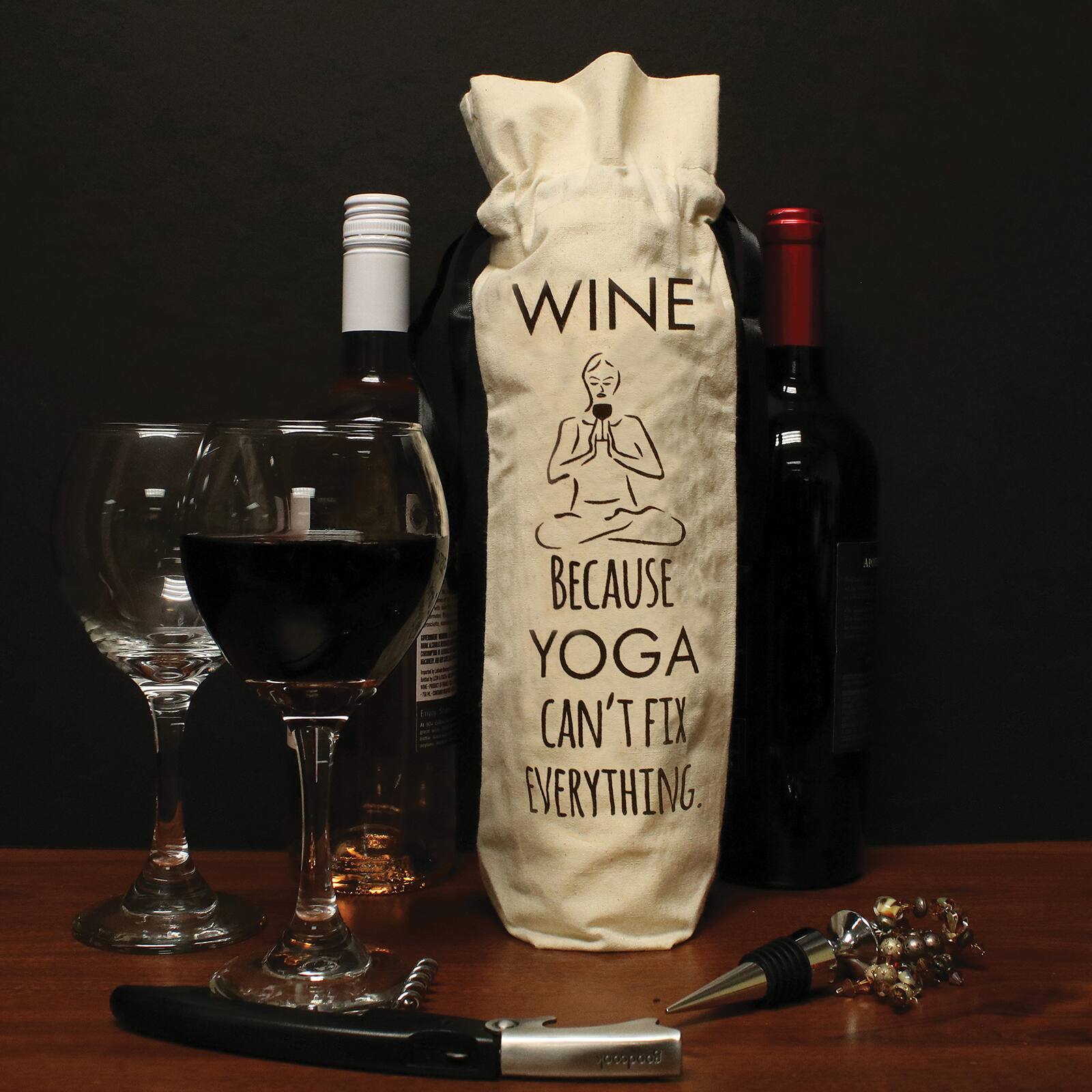 Personality Case&#x2122; Yoga Can&#x27;t Fix Everything Canvas Wine Bag