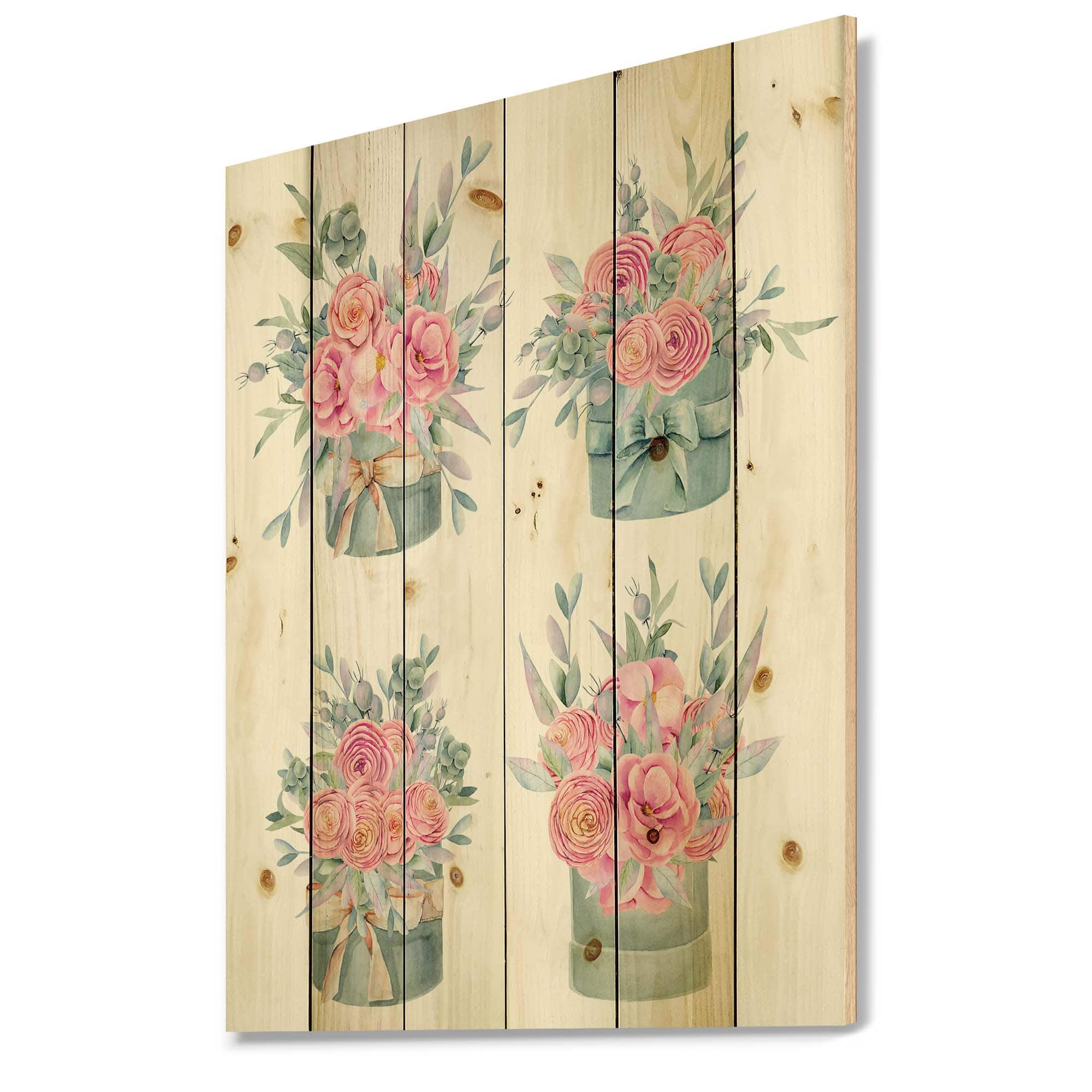 Designart - Collection of Pink Roses - Farmhouse Print on Natural Pine Wood