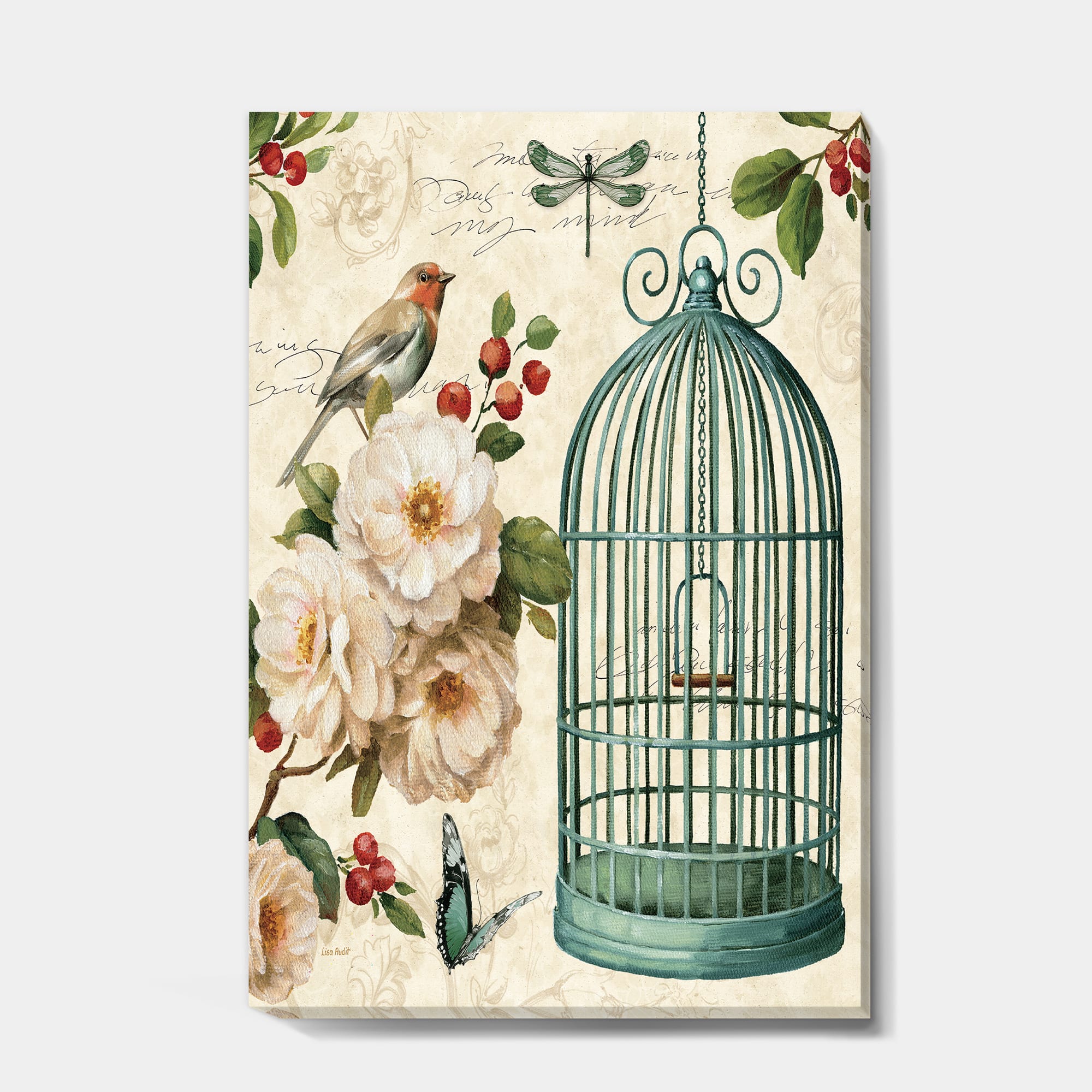 Designart - Blue Cottage Bird, Birdcage and Apple Blossoms II - Floral and botanical Premium Canvas Wall Art