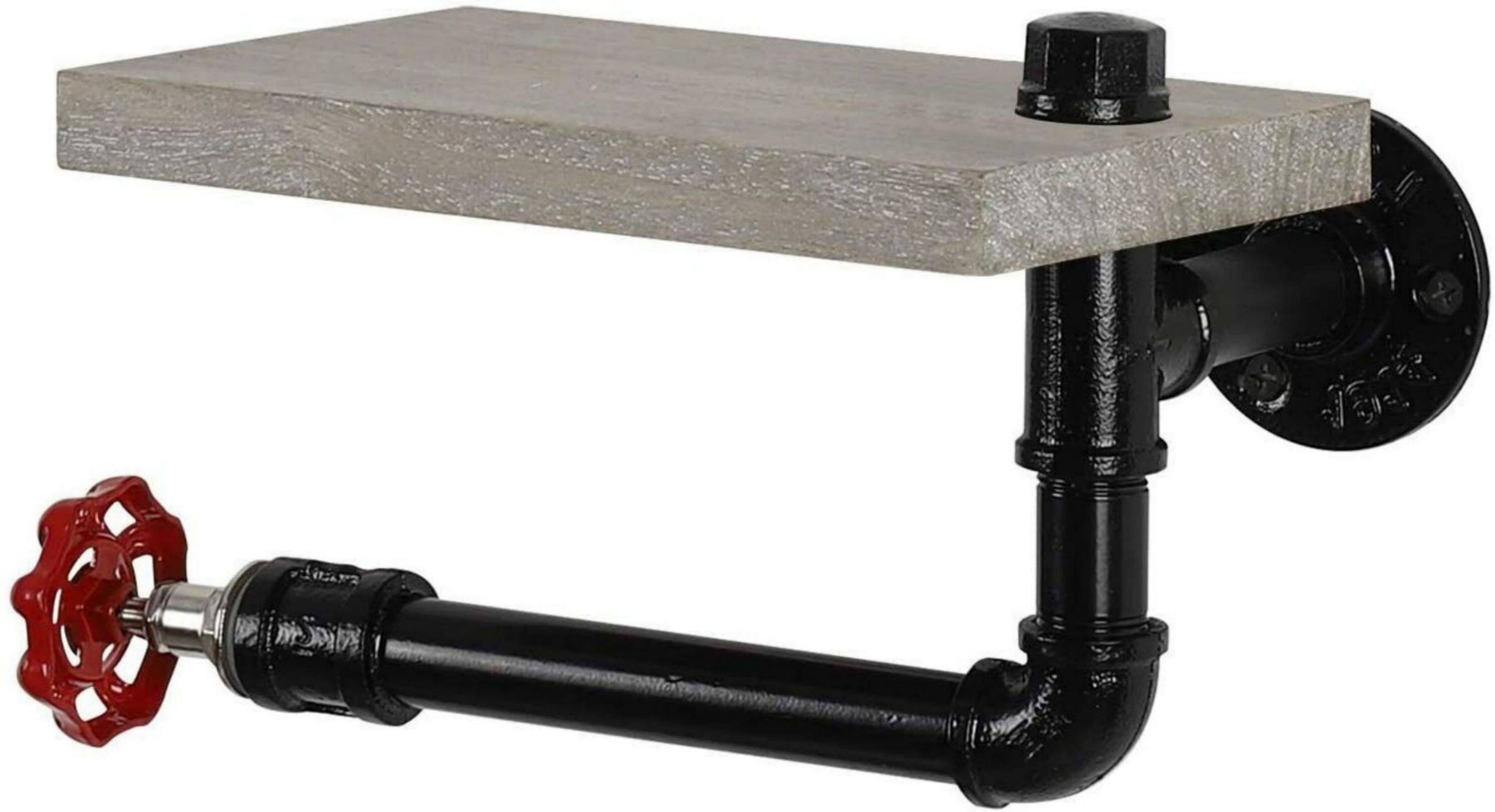 Gray Industrial Wall-Mounted Rustic Toilet Paper Holder with Wood Shelf