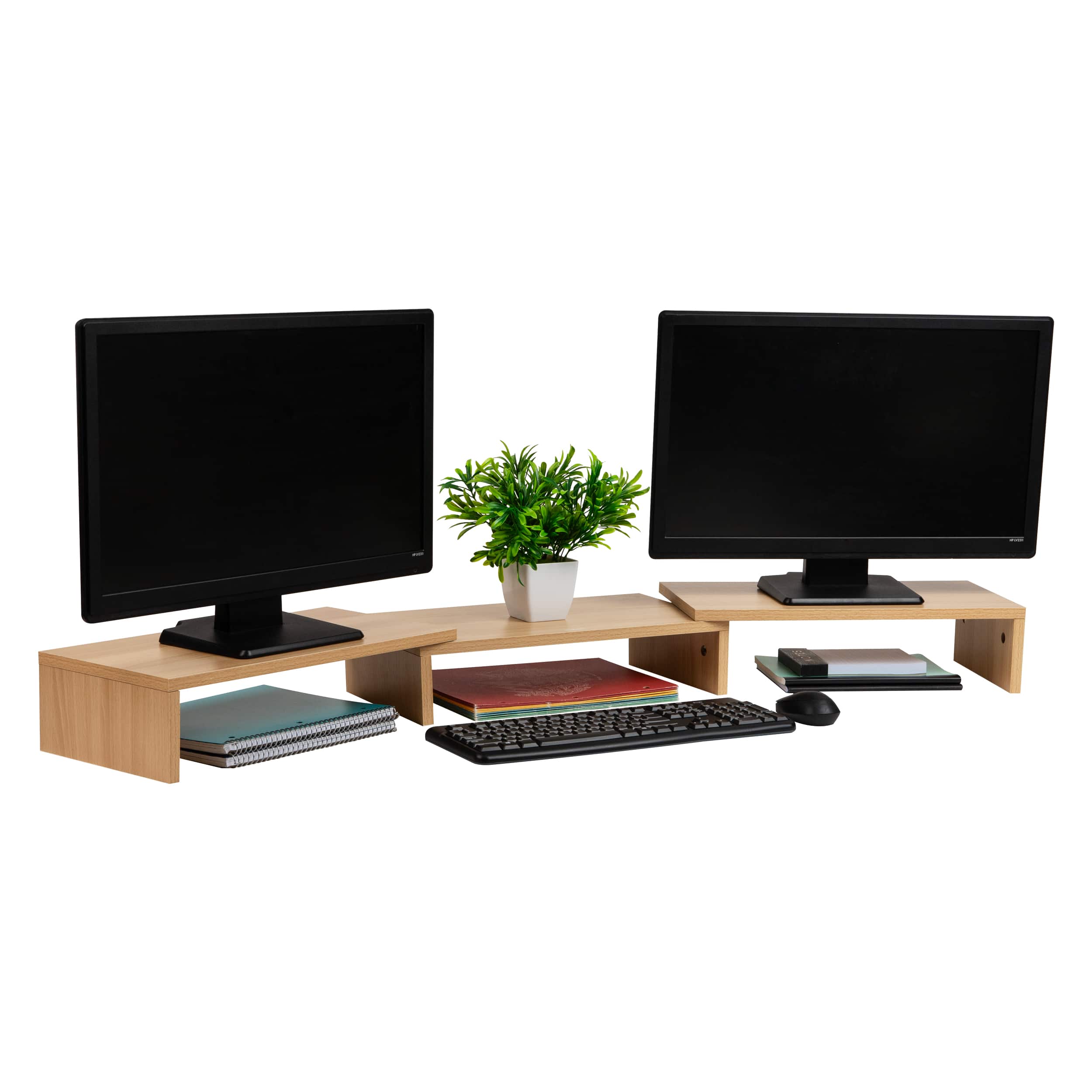 Mind Reader Dual Monitor Stand, Laptop Riser, Desktop Organizer, Office, MDF, Brown