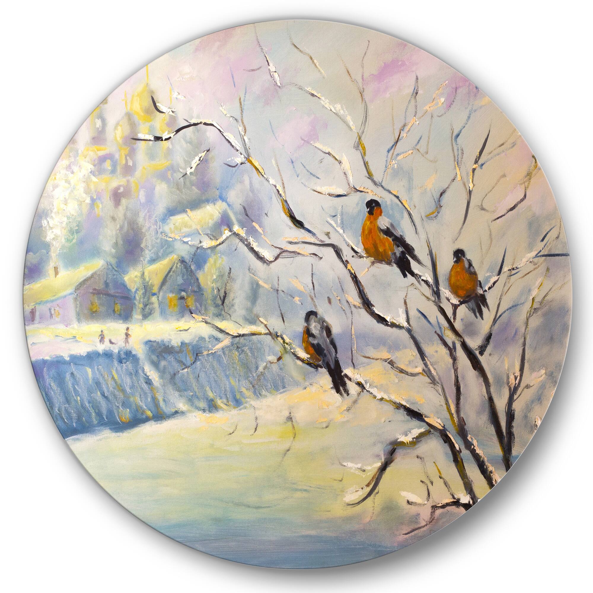Designart - Rustic Birds On A Tree In Winter Village - Farmhouse Metal Circle Wall Art
