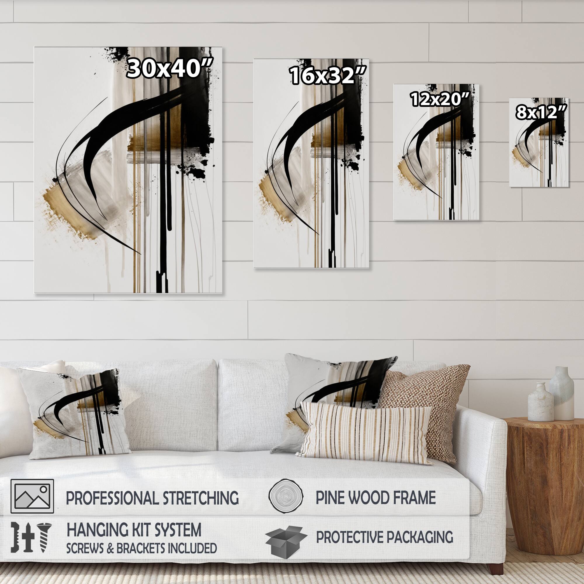Designart &#x27;Black, White And Gold Expression I&#x27; Modern Framed Canvas Wall Art