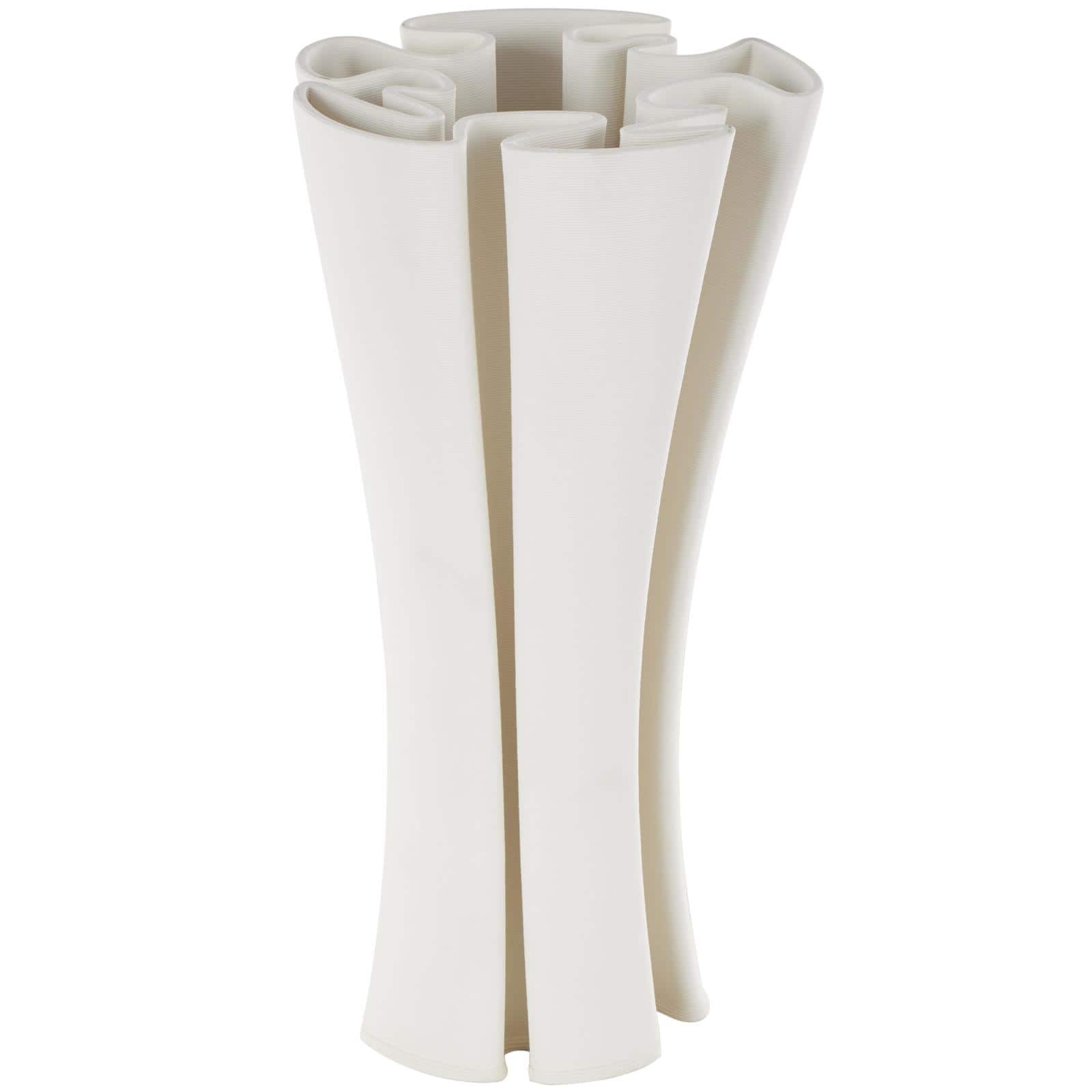 White Ceramic Abstract Ribbed Dimensional Folded Vase with Curvy Rim