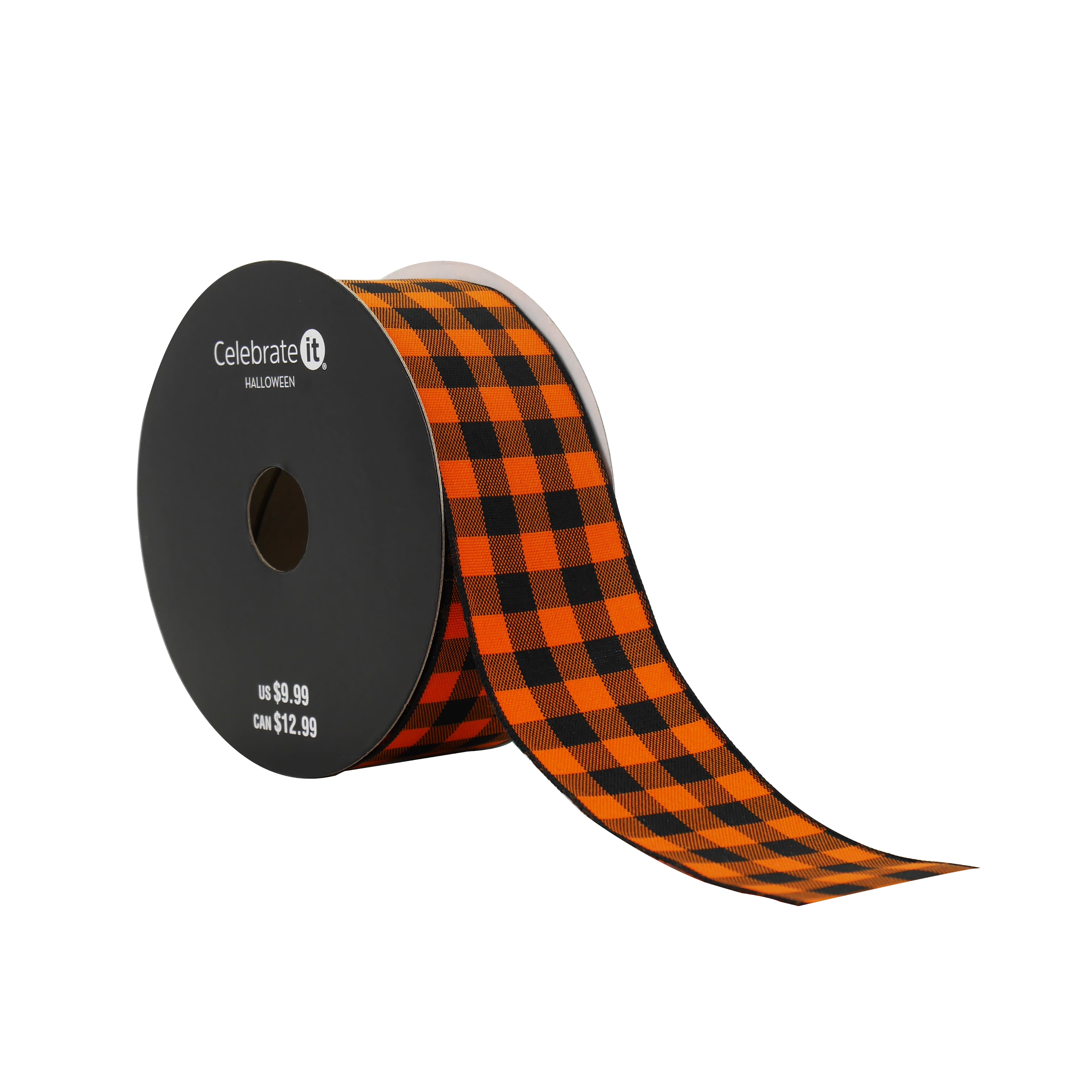 1.5&#x22; x 10yd. Black &#x26; Orange Gingham Wired Ribbon by Celebrate It&#xAE; Halloween