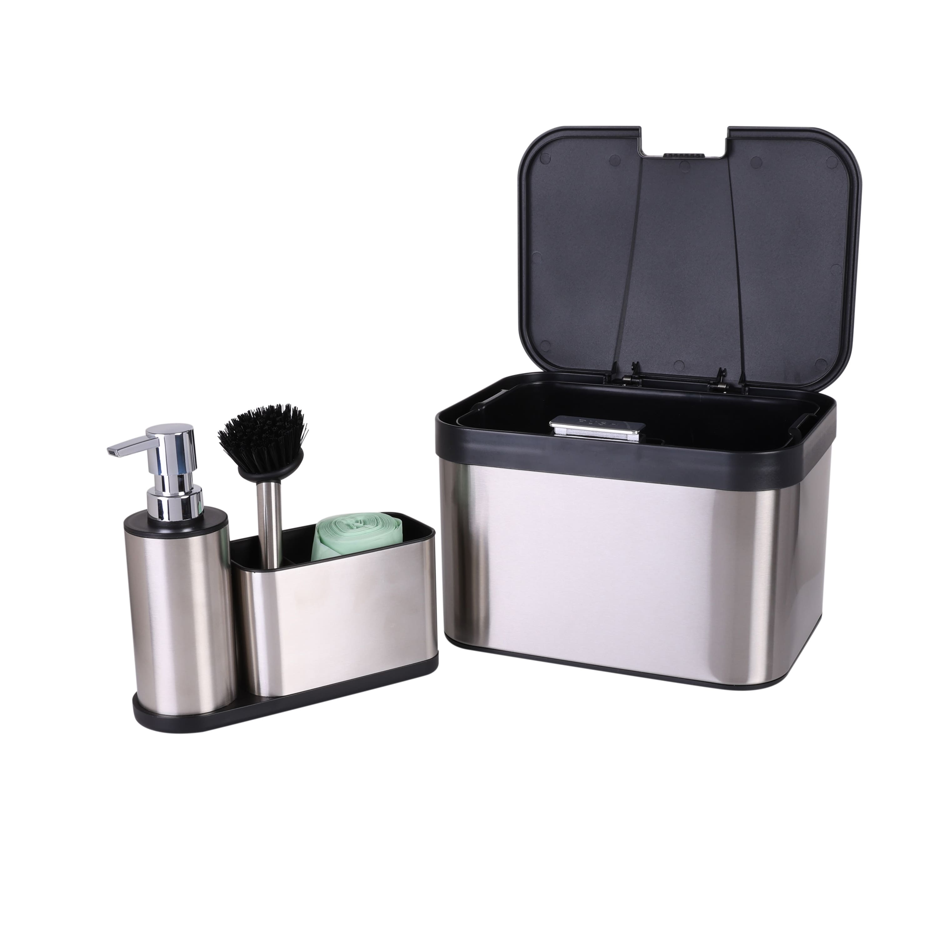 Organize It All Stainless Steel Compost Bin with Bonus Biodegradable Bags, Sink Organizer &#x26; Scrub Brush