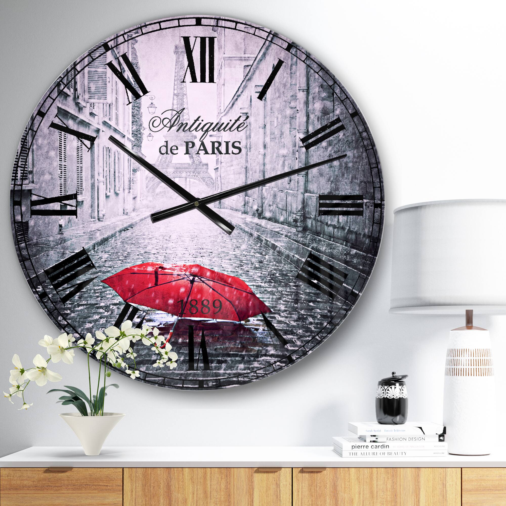 Designart 'Eiffel View From Paris Street French Country Wall Clock