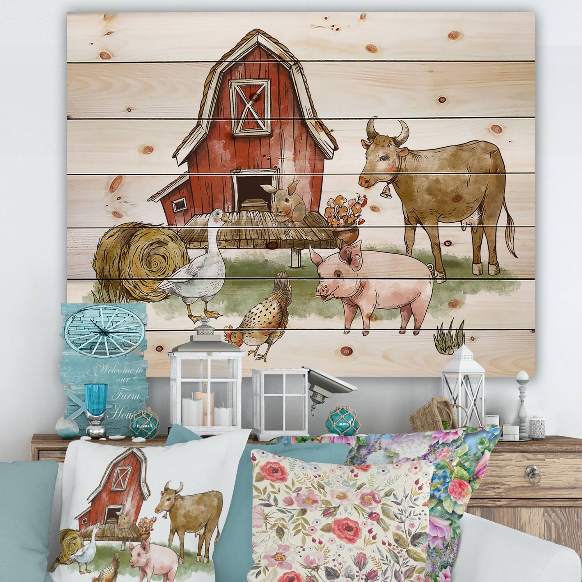 Designart - Farm House With Goose Chicken Cow Pig and Haystack
