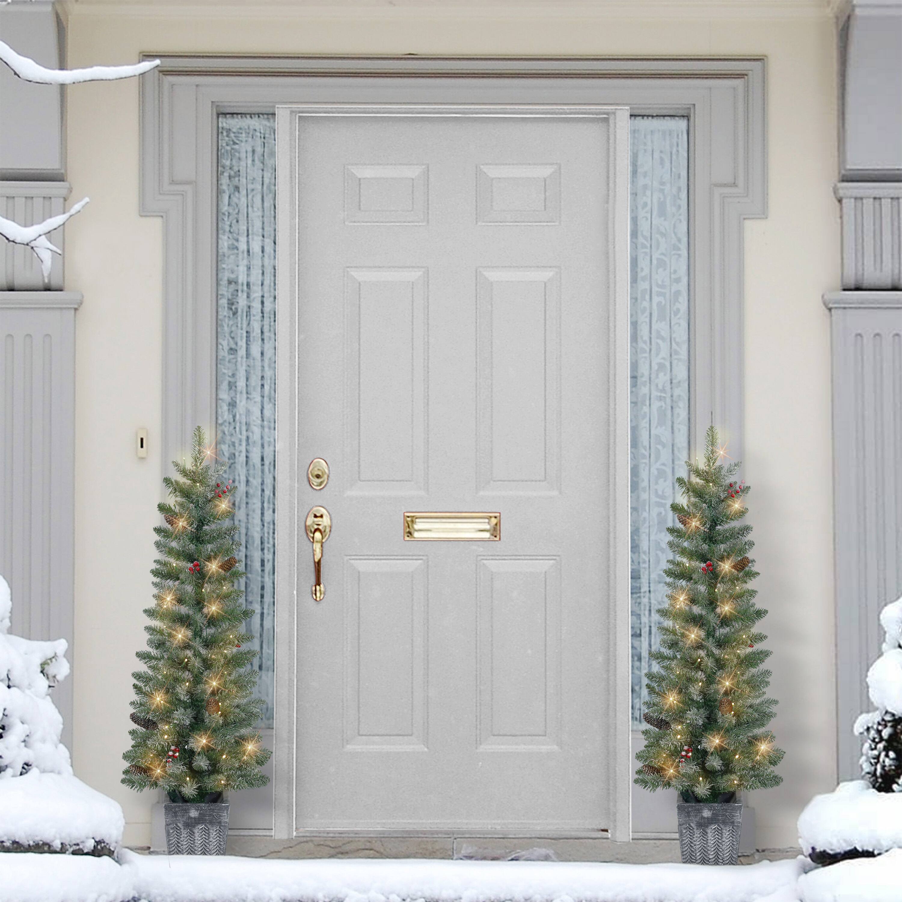 4ft. Pre-Lit Flocked Potted Trees with Battery-Operated Timer, 2ct.