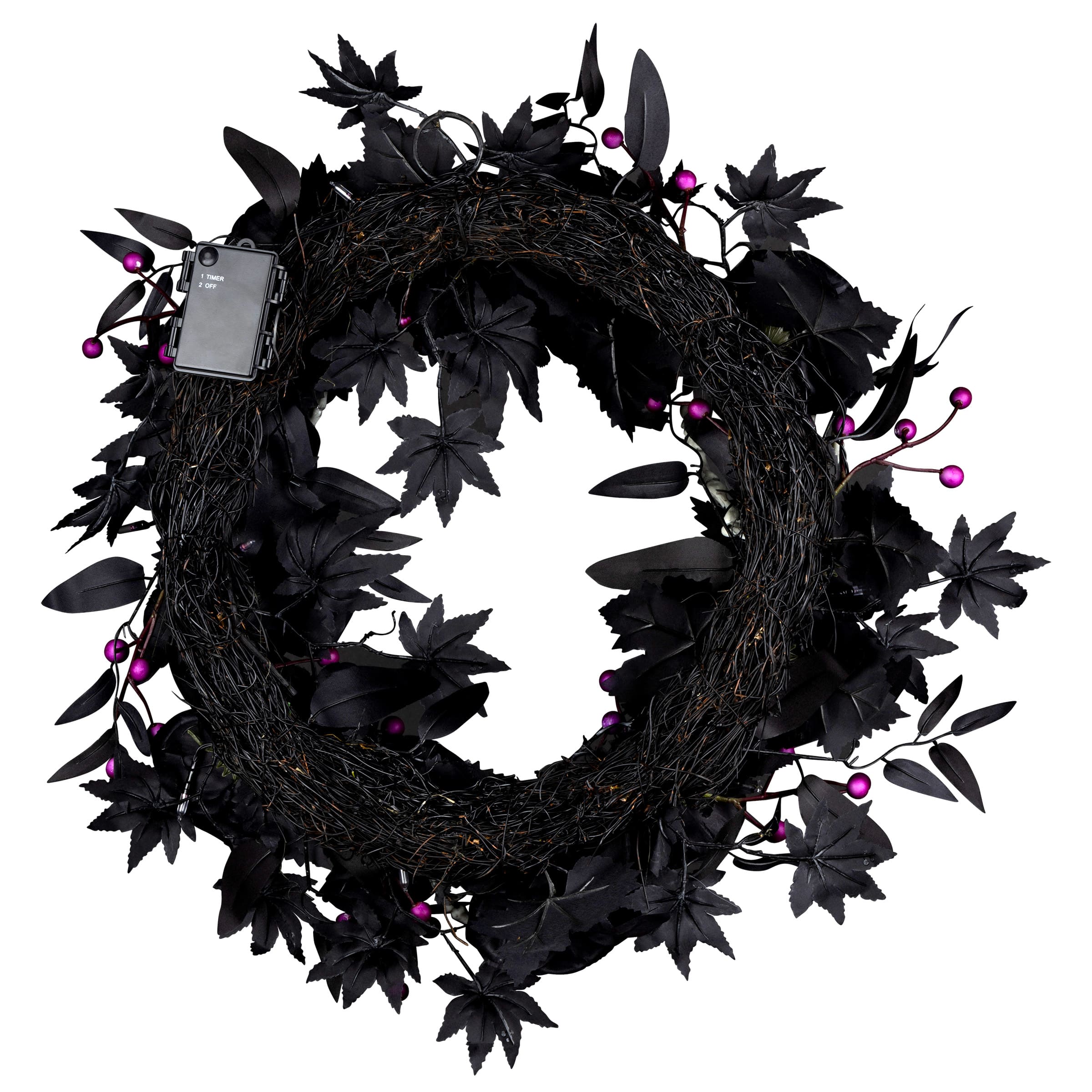 24&#x22; Bad to the Bone Black Flower &#x26; Skeleton Hand Halloween Pre-Lit LED Wreath