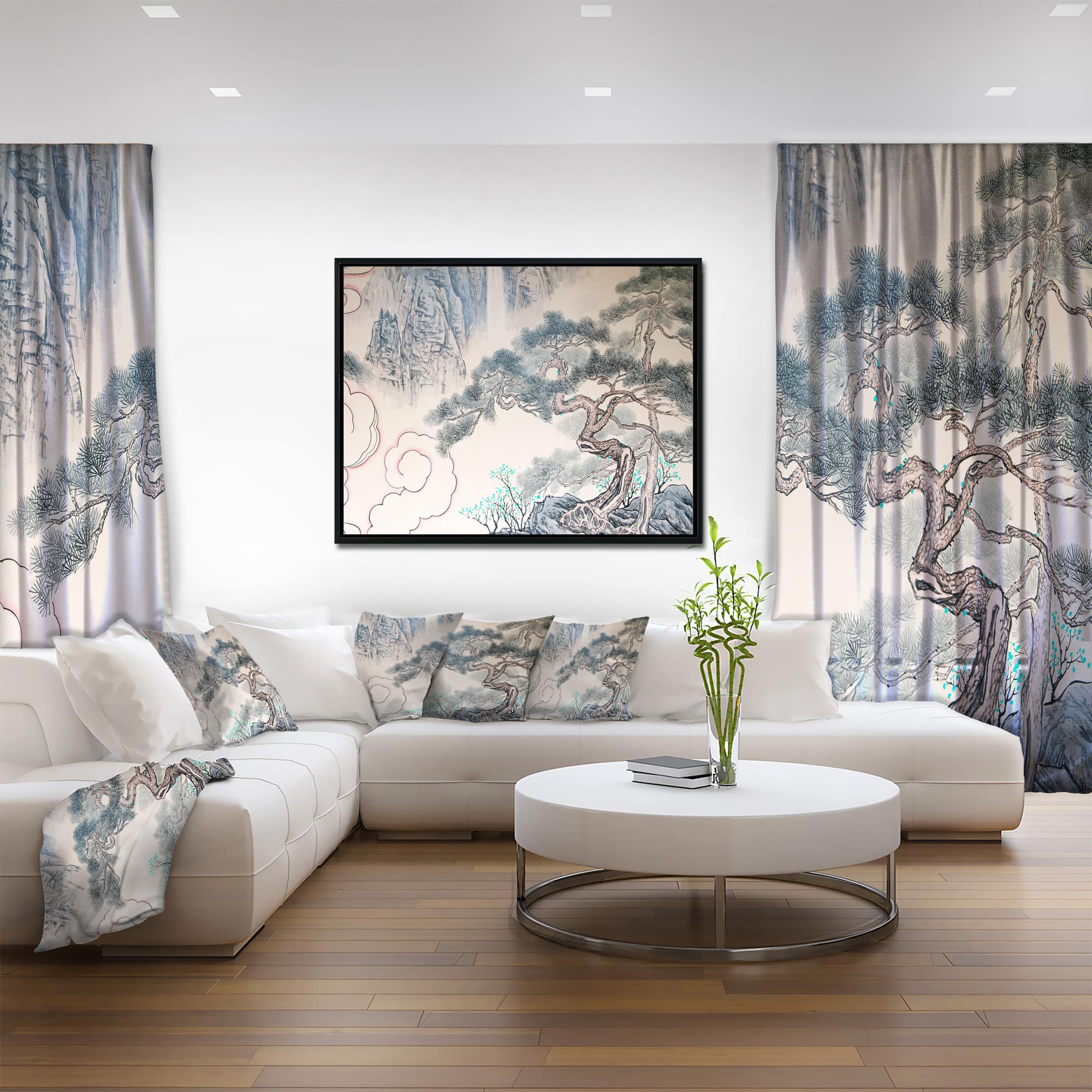 Designart - Chinese Blue Tree Art - Floral Painting Canvas in Black Frame