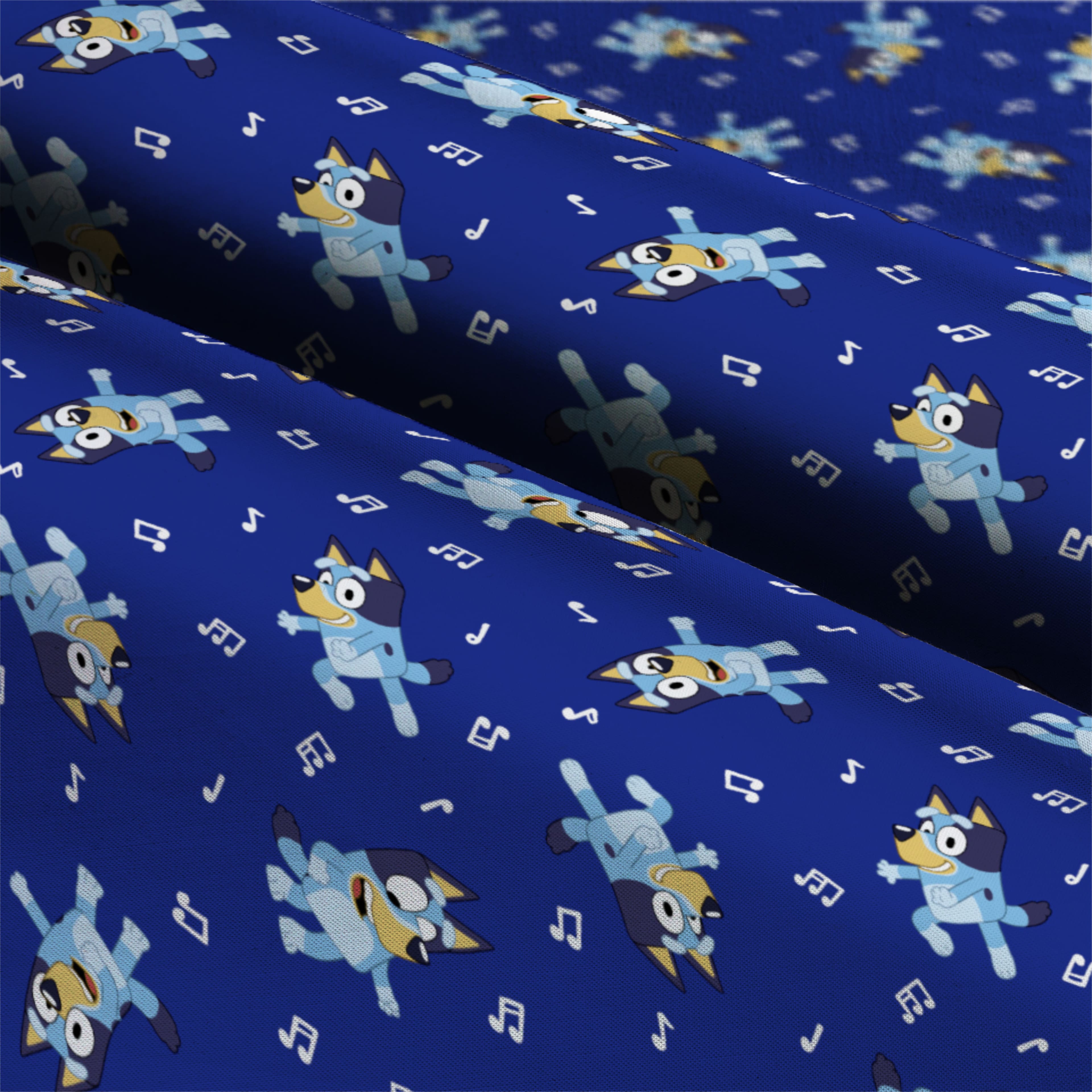 Bluey with Music Notes on Dark Blue Cotton Fabric