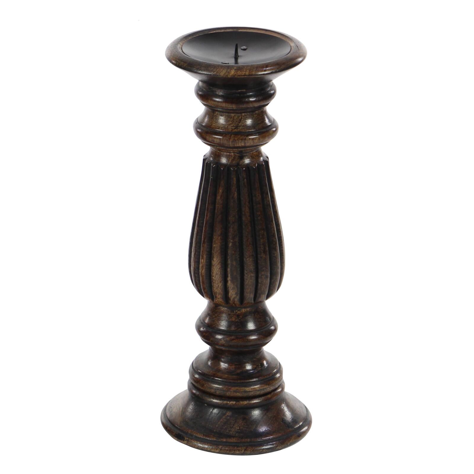 Dark Brown Mango Wood Traditional Candle Holder Set, 3ct.