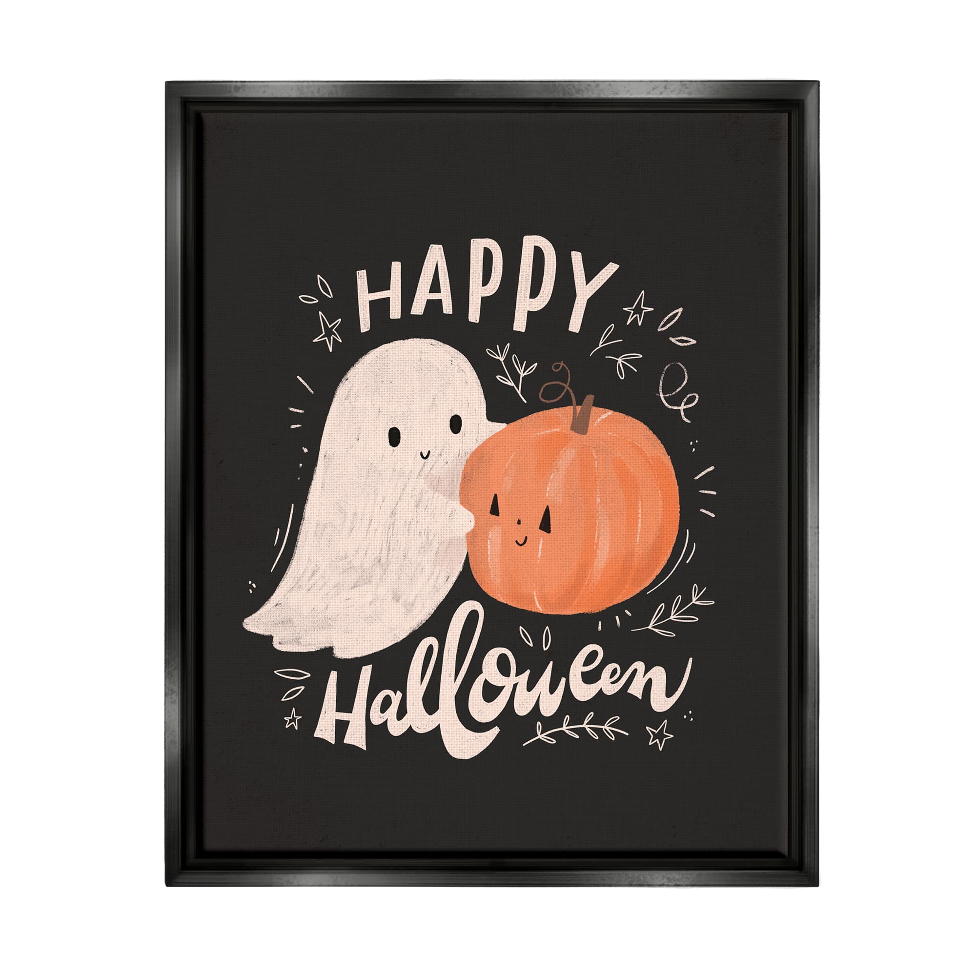 Stupell Industries Happy Halloween Smiling Ghost Pumpkin Framed Floater Canvas Wall Art