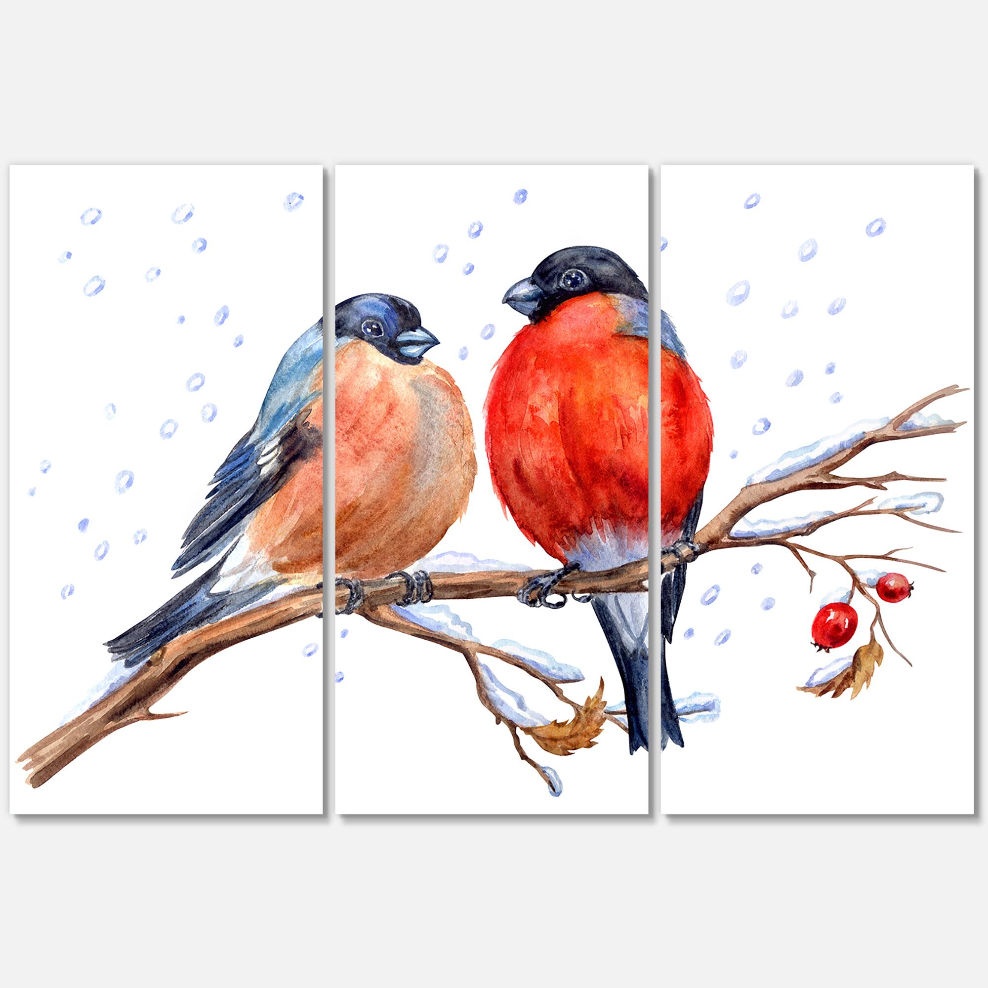 Designart - Two Bullfinches On A Hawthorn Branch with Snowfall