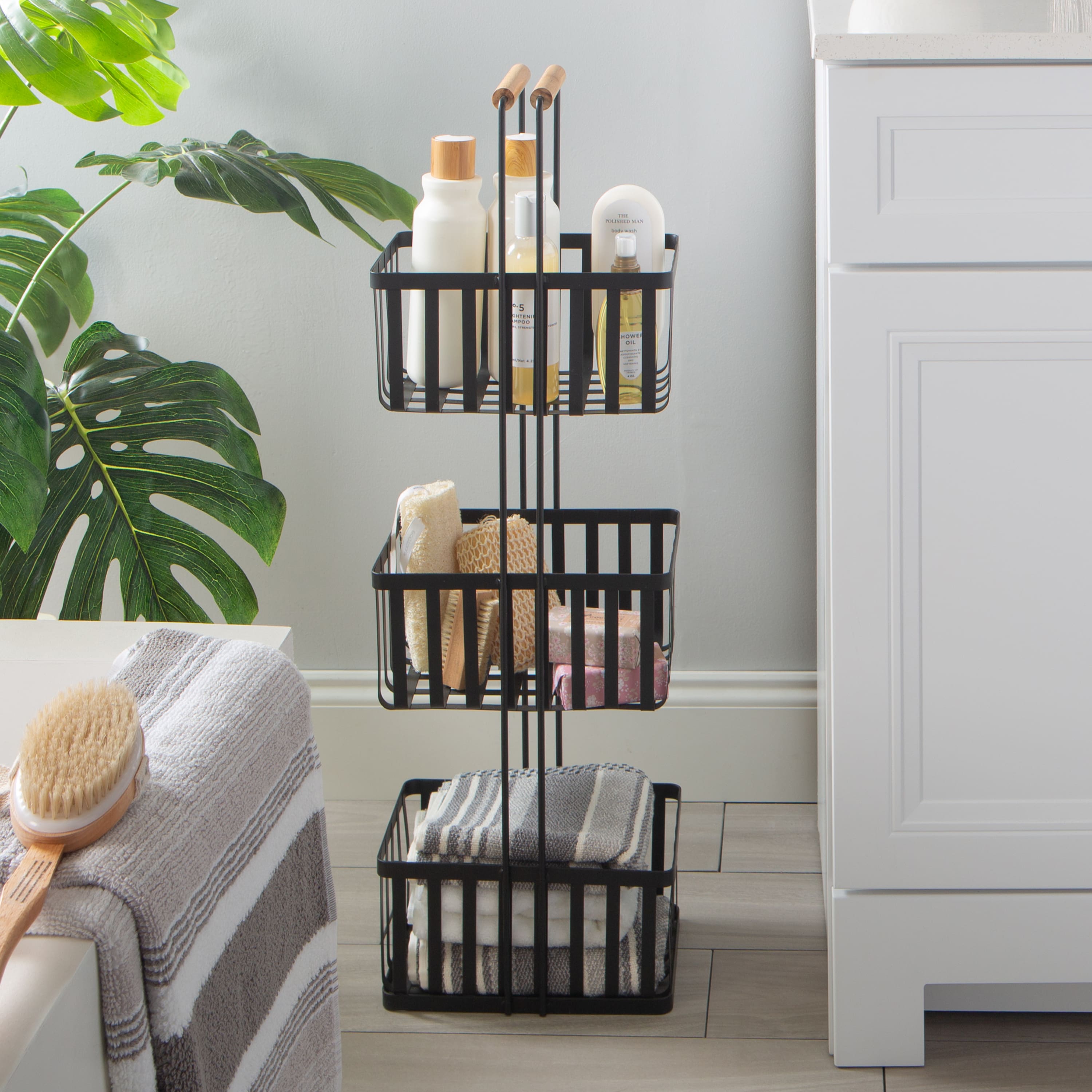 Simplify Black 3 Tier Metal Spa Tower with Bamboo Handles