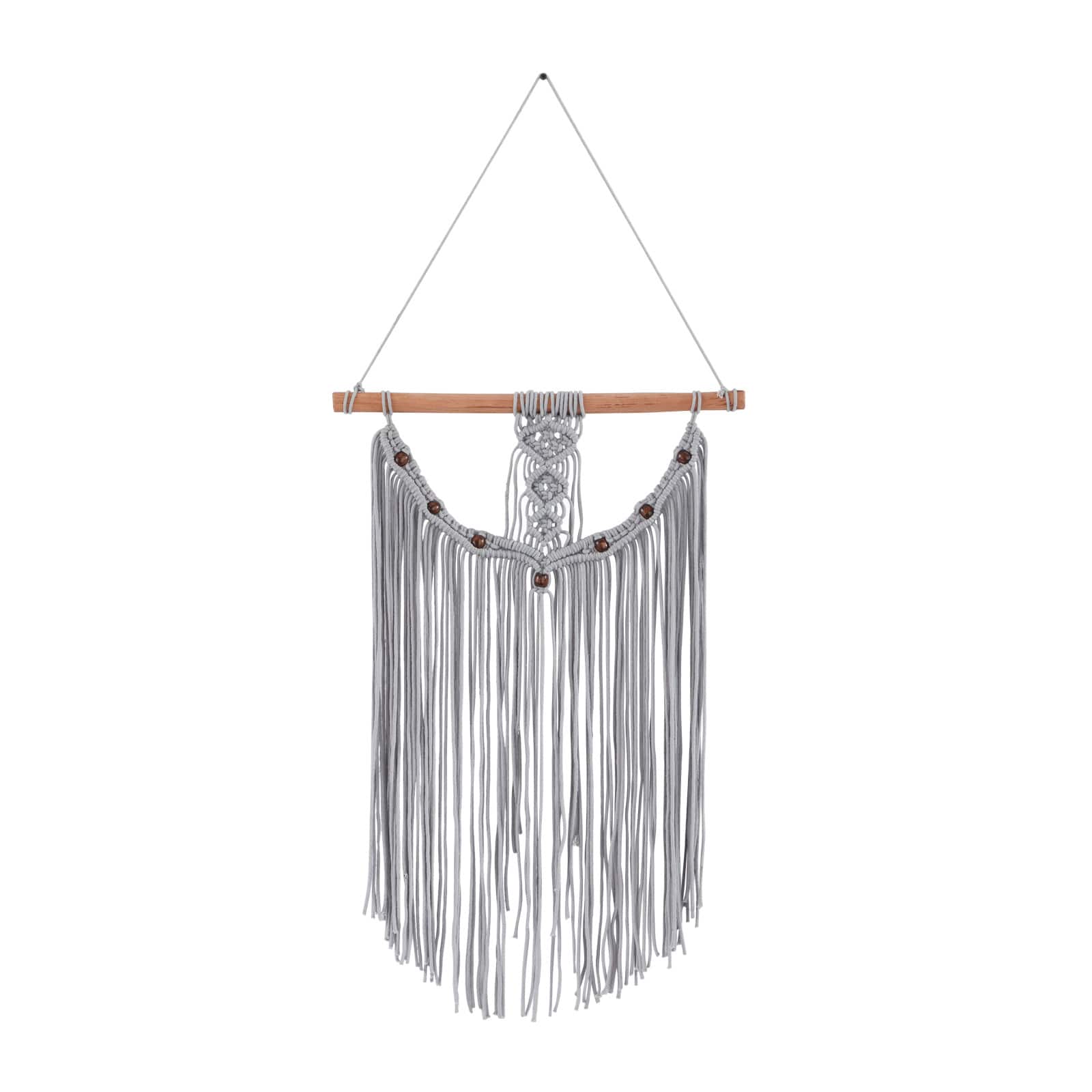 Gray Cotton Intricately Weaved Macrame Wall Decor with Beaded Fringe Tassels 20&#x22; x 1&#x22; x 44&#x22;