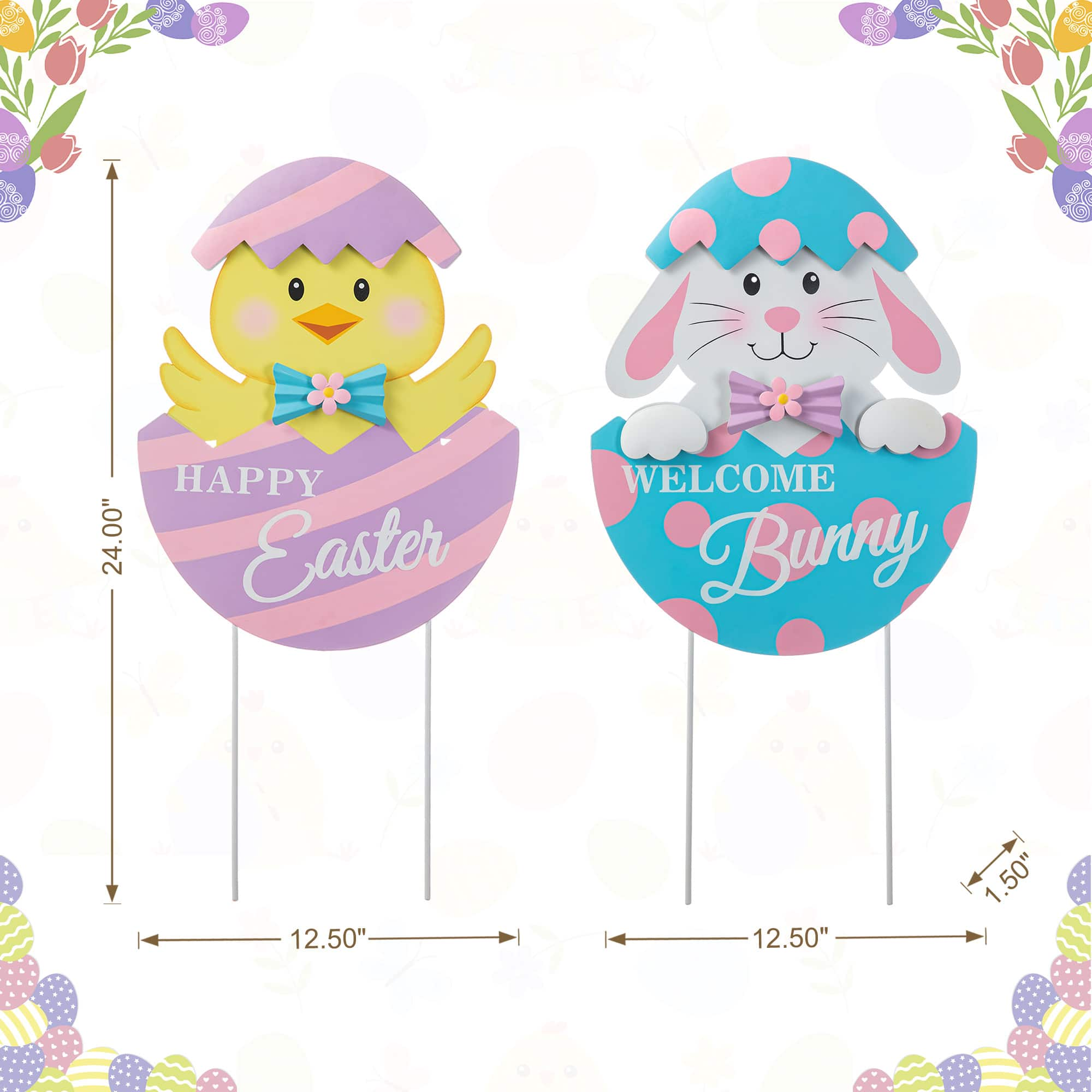 Glitzhome&#xAE; 24&#x22; Easter Metal Bunny &#x26; Chick Egg Yard Stake Set