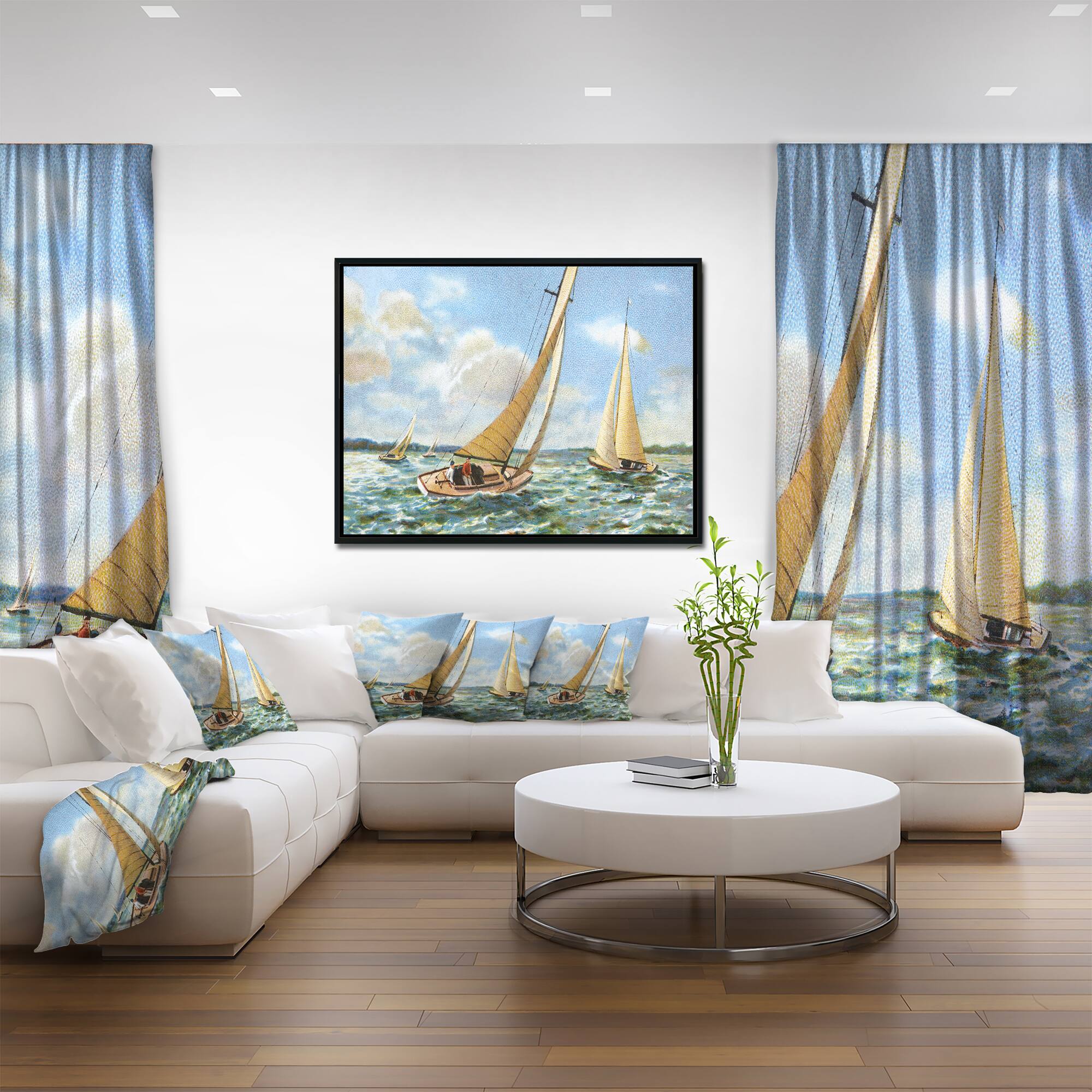 Designart - Vintage Boats Sailing - Seascape Painting Canvas Art Print in Black Frame